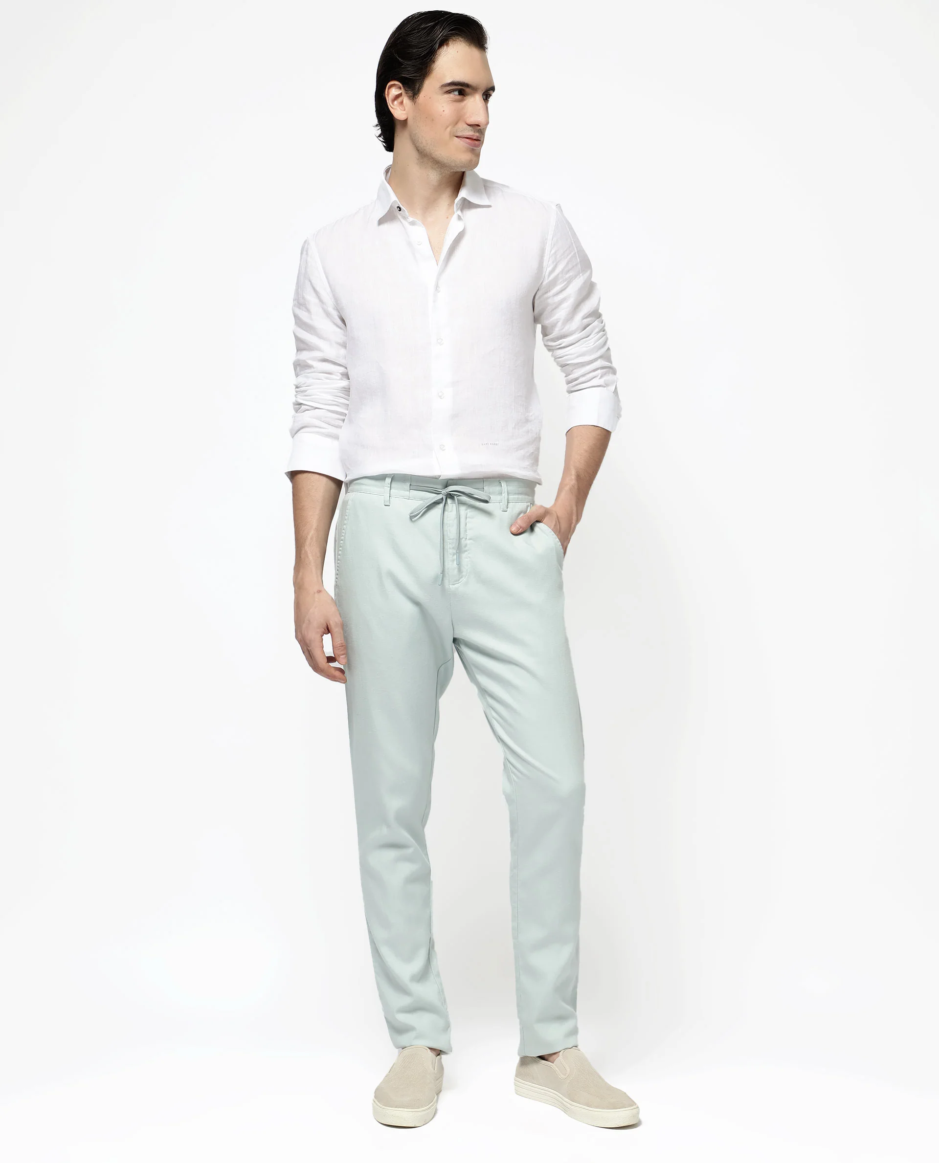 Rare Rabbit Men's Reric Pastel Turq Linen Blend Plain Regular Fit Trouser - Image 2