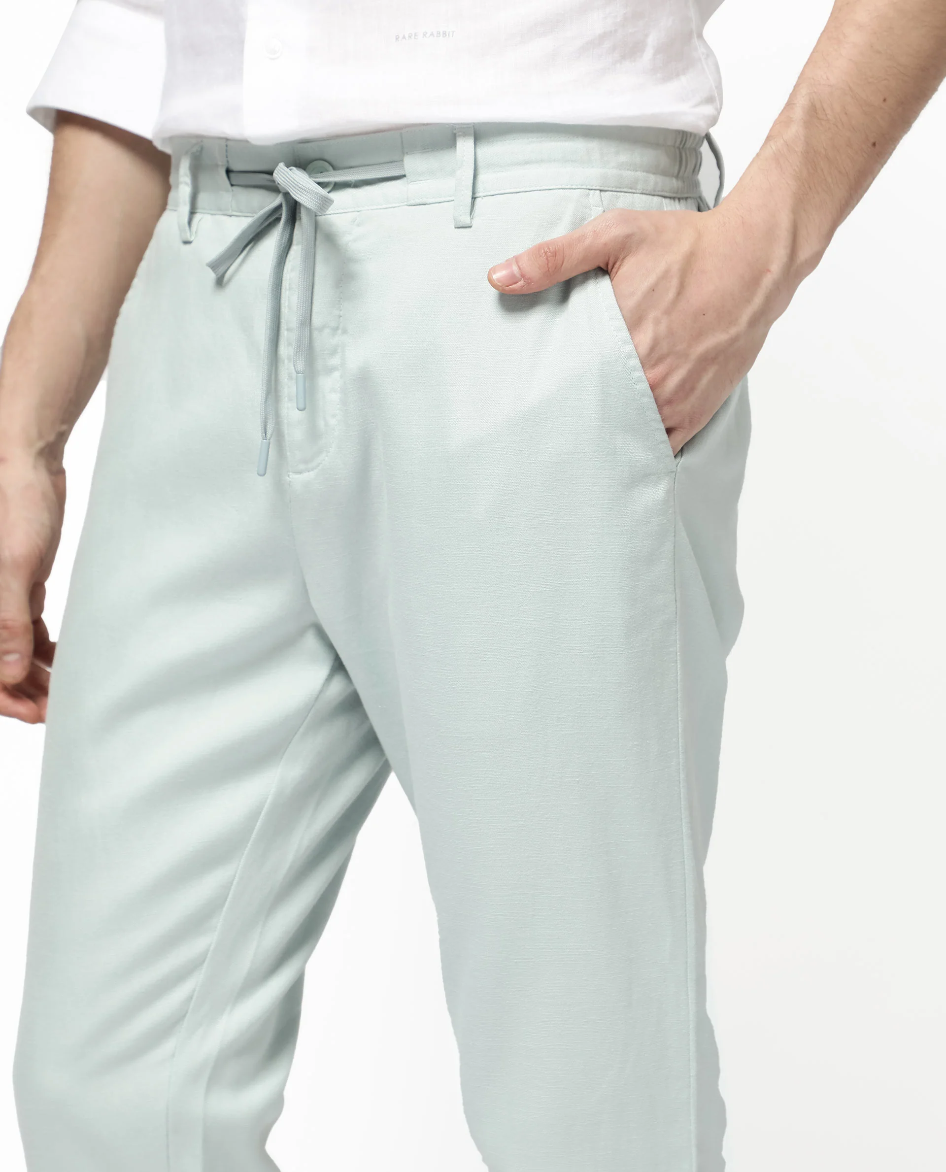 Rare Rabbit Men's Reric Pastel Turq Linen Blend Plain Regular Fit Trouser - Image 3