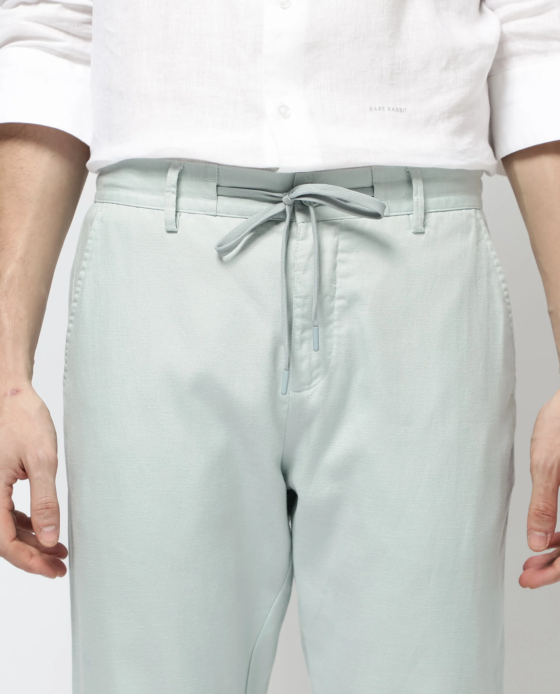 Rare Rabbit Men's Reric Pastel Turq Linen Blend Plain Regular Fit Trouser - Image 4