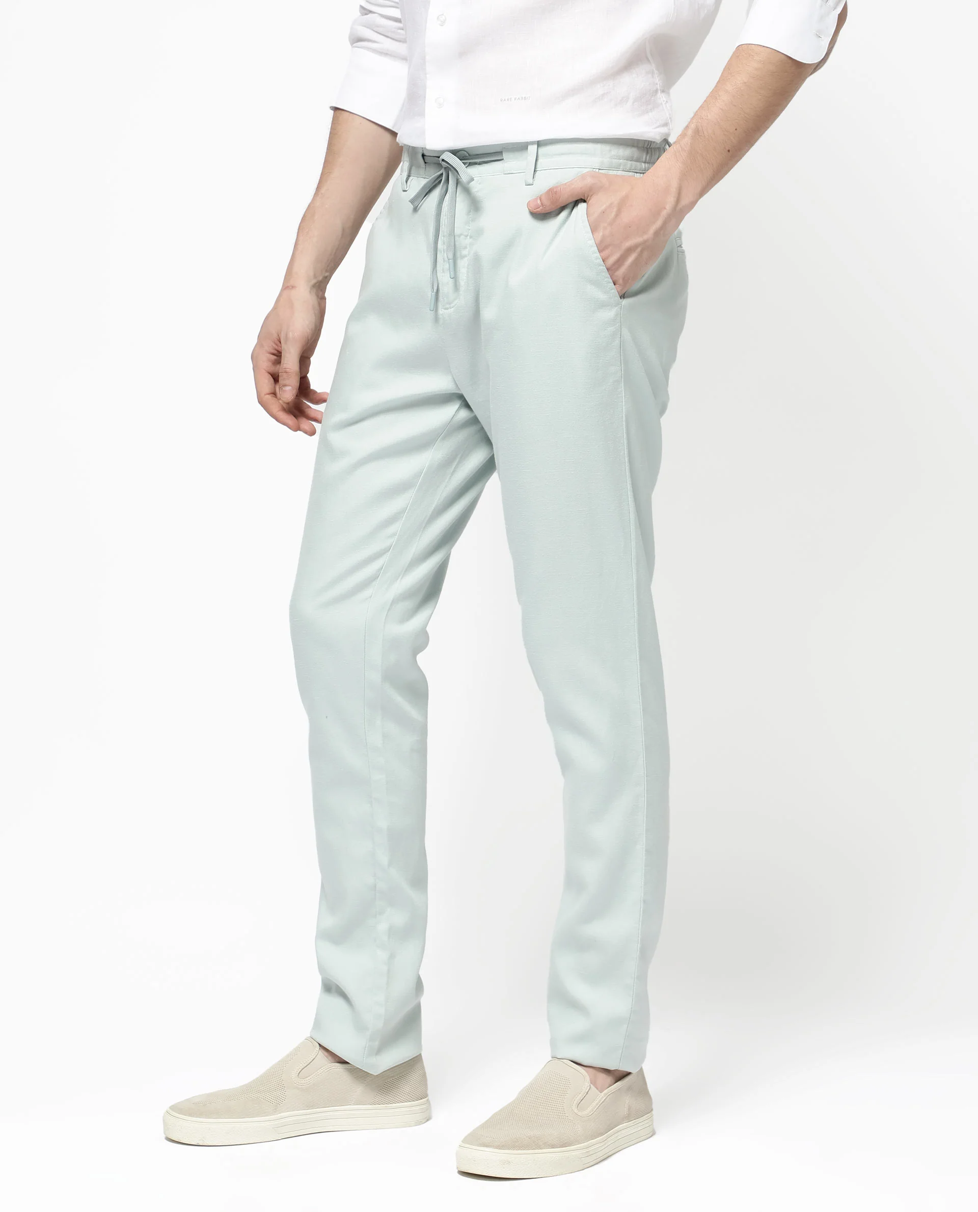 Rare Rabbit Men's Reric Pastel Turq Linen Blend Plain Regular Fit Trouser - Image 6