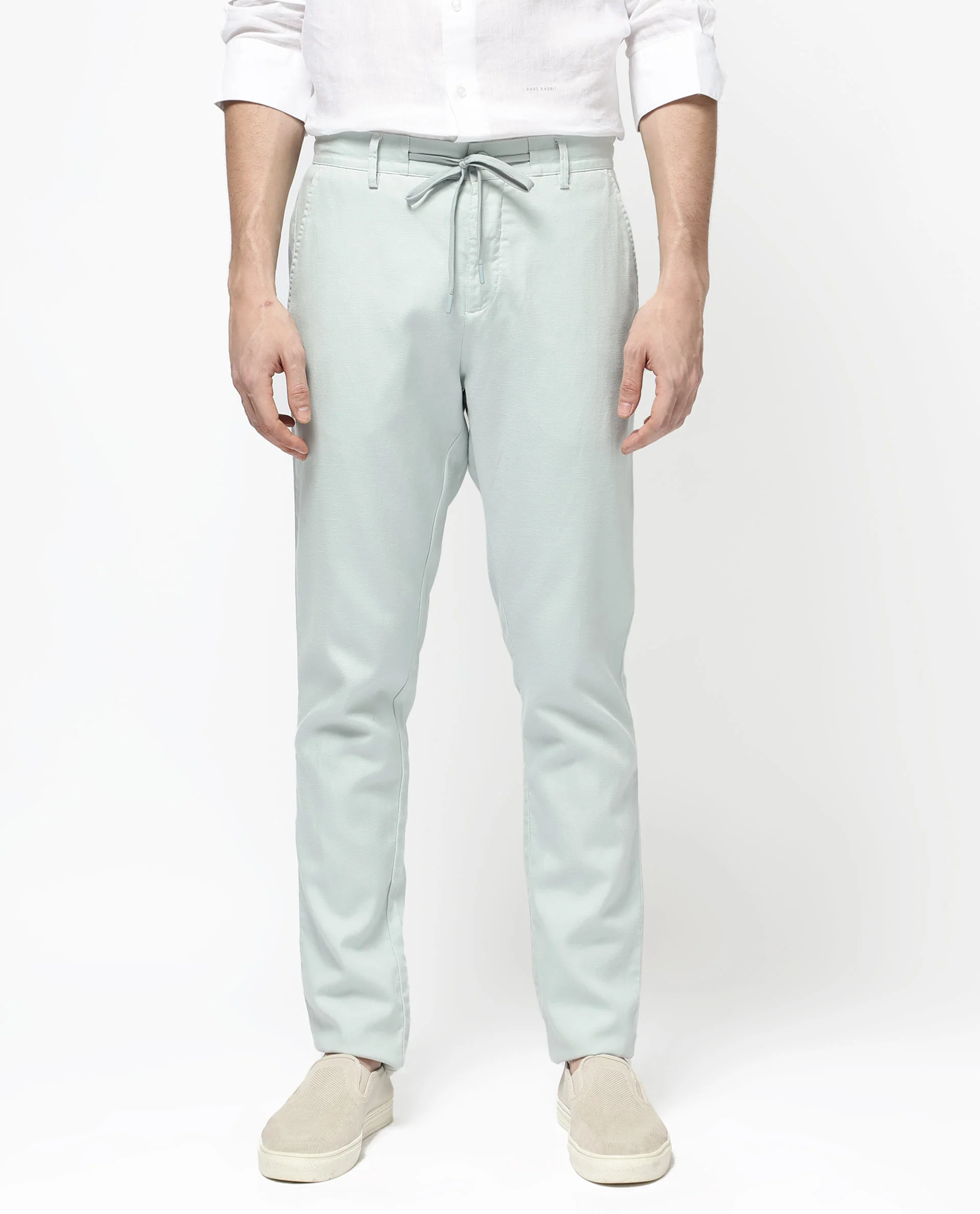 Rare Rabbit Men's Reric Pastel Turq Linen Blend Plain Regular Fit Trouser - Image 8
