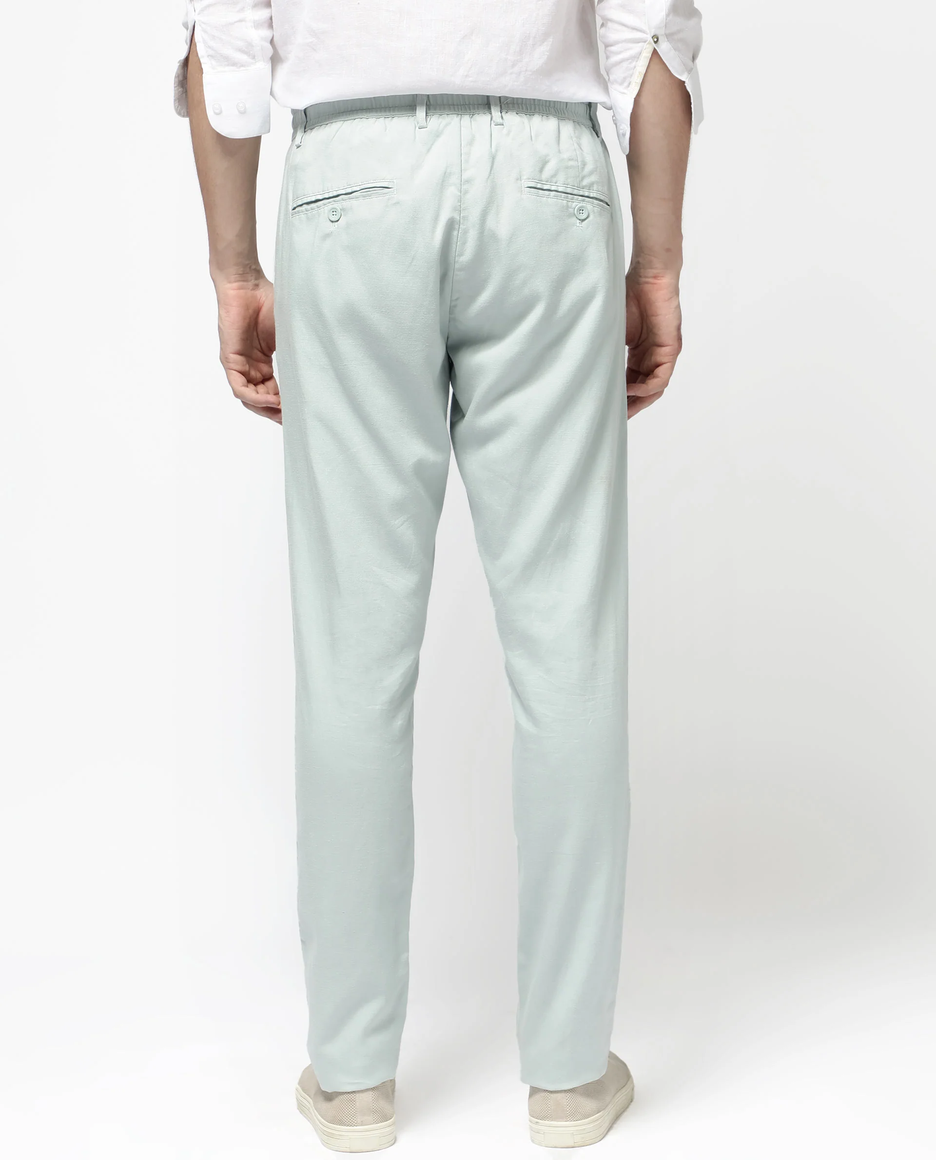 Rare Rabbit Men's Reric Pastel Turq Linen Blend Plain Regular Fit Trouser - Image 9