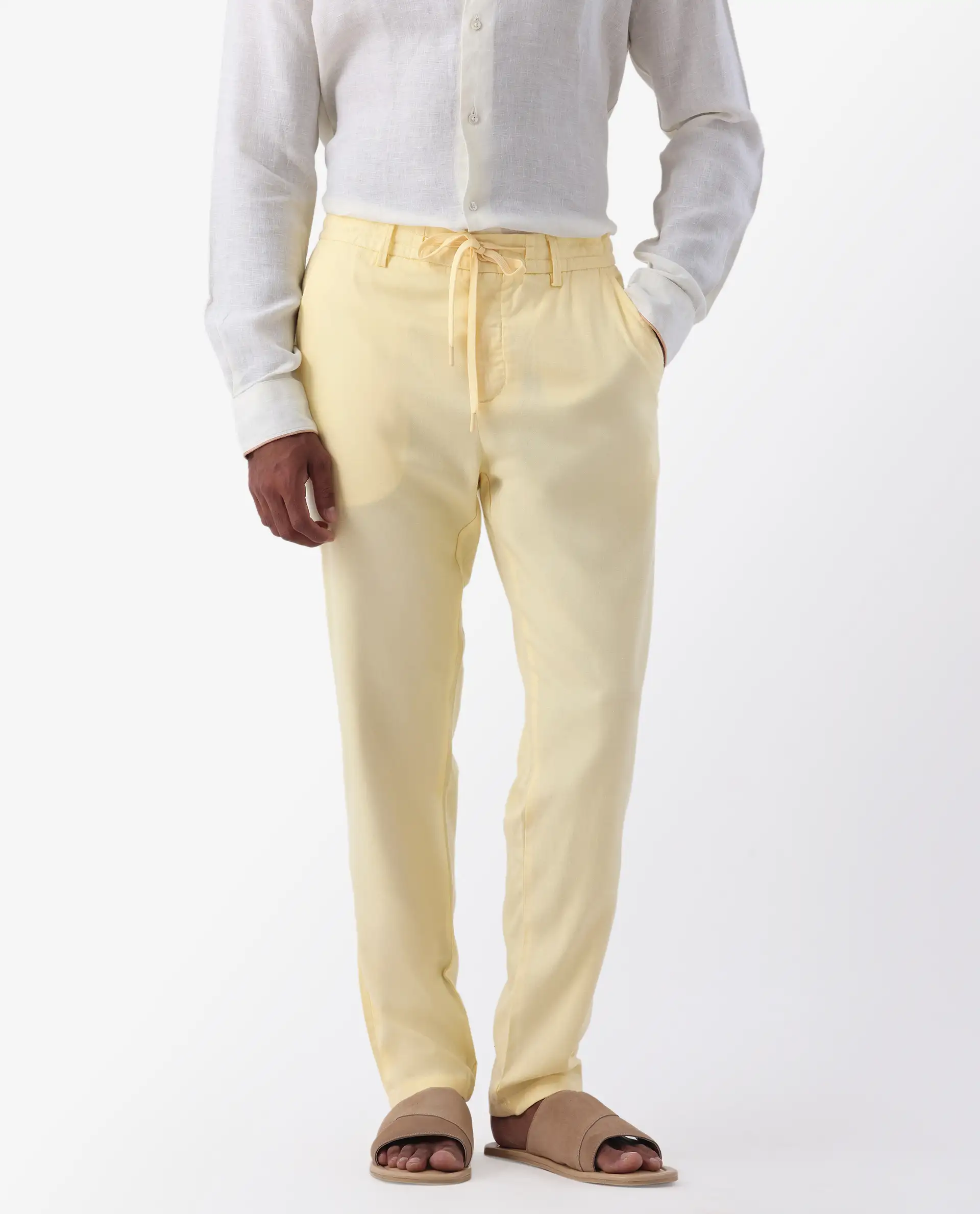 Rare Rabbit Men's Reric Pastel Yellow Linen Blend Plain Regular Fit Trouser - Image 2
