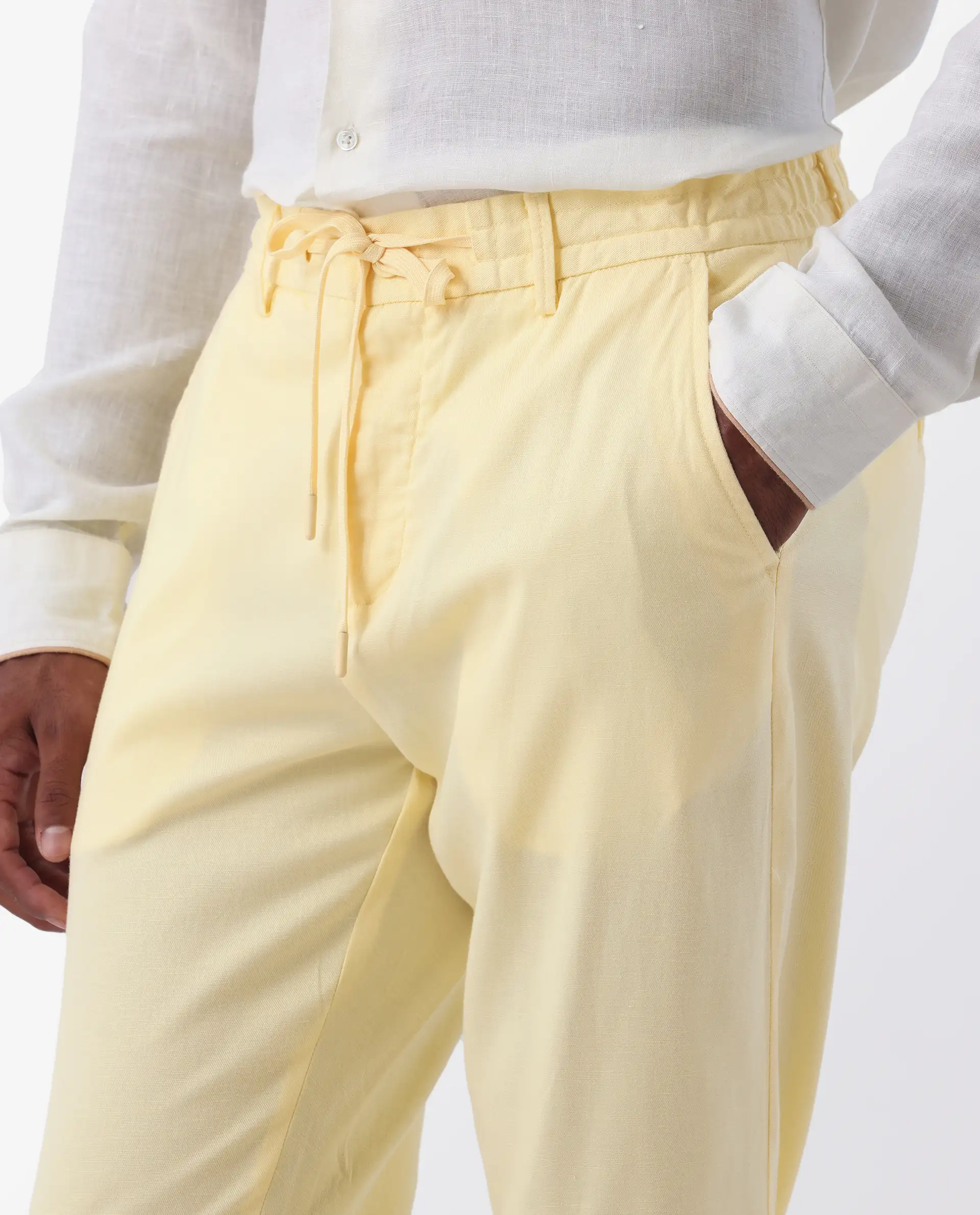 Rare Rabbit Men's Reric Pastel Yellow Linen Blend Plain Regular Fit Trouser - Image 3