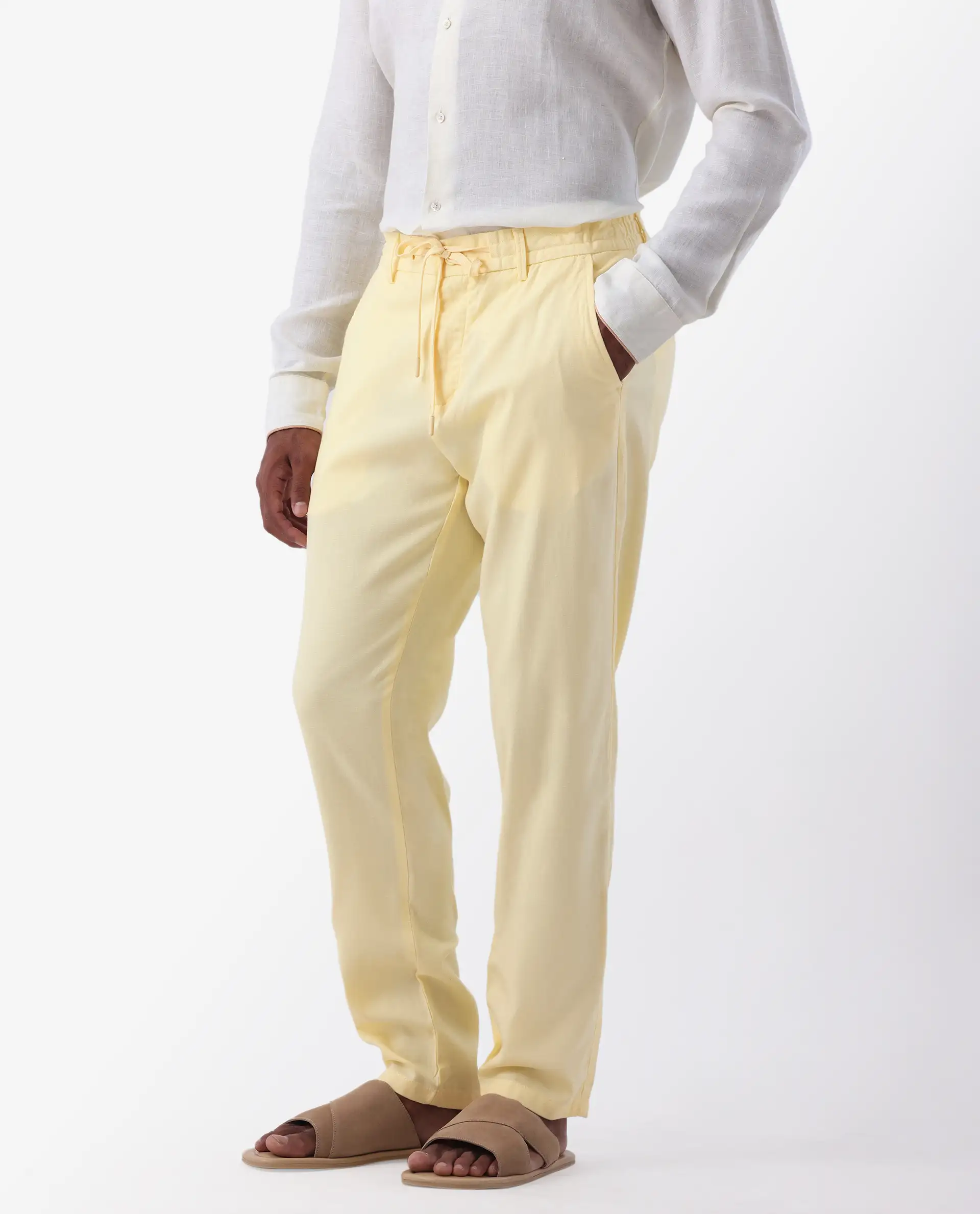 Rare Rabbit Men's Reric Pastel Yellow Linen Blend Plain Regular Fit Trouser - Image 5