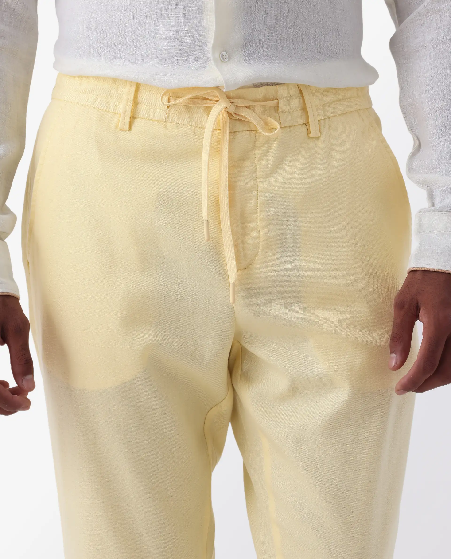Rare Rabbit Men's Reric Pastel Yellow Linen Blend Plain Regular Fit Trouser - Image 6