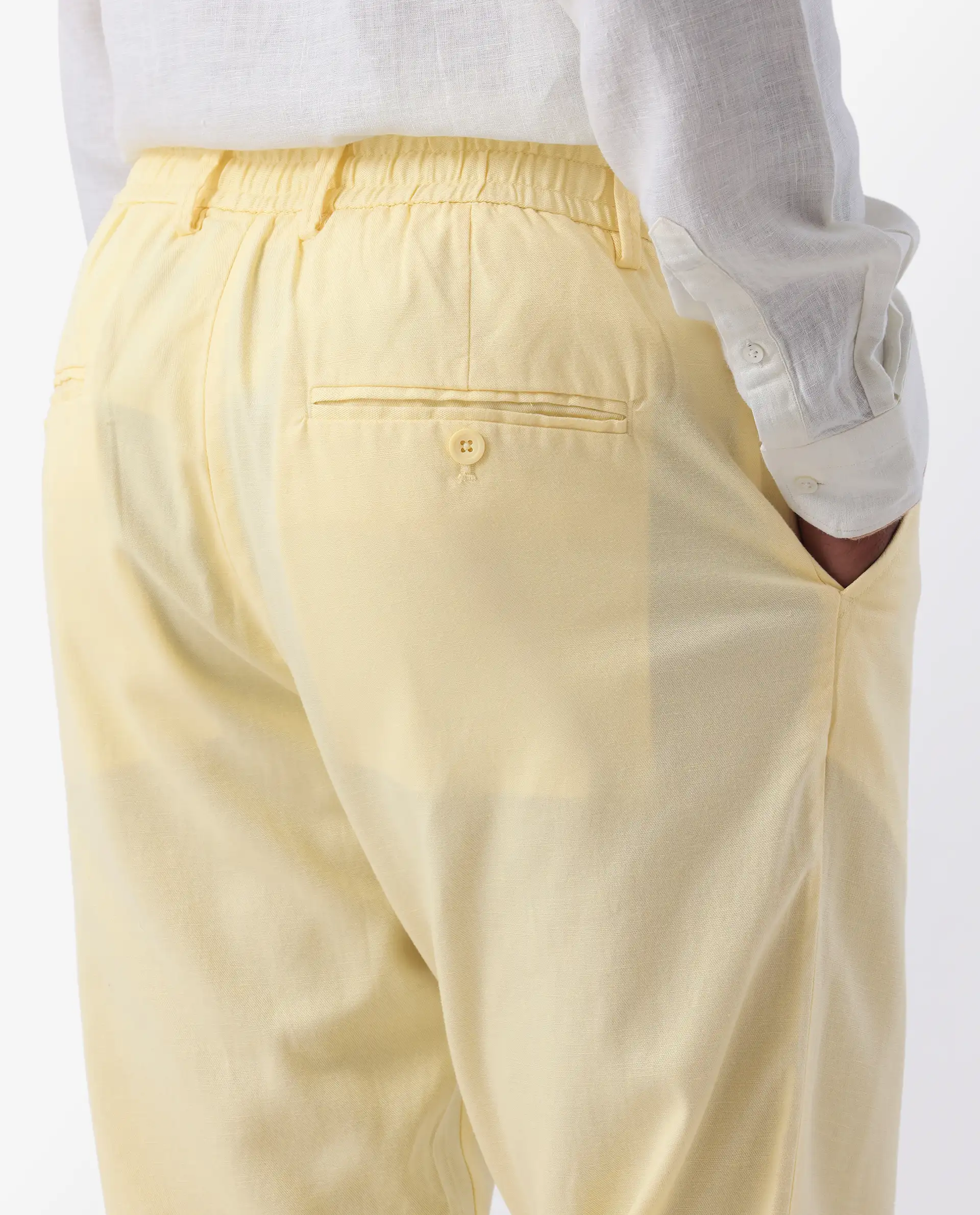 Rare Rabbit Men's Reric Pastel Yellow Linen Blend Plain Regular Fit Trouser - Image 7