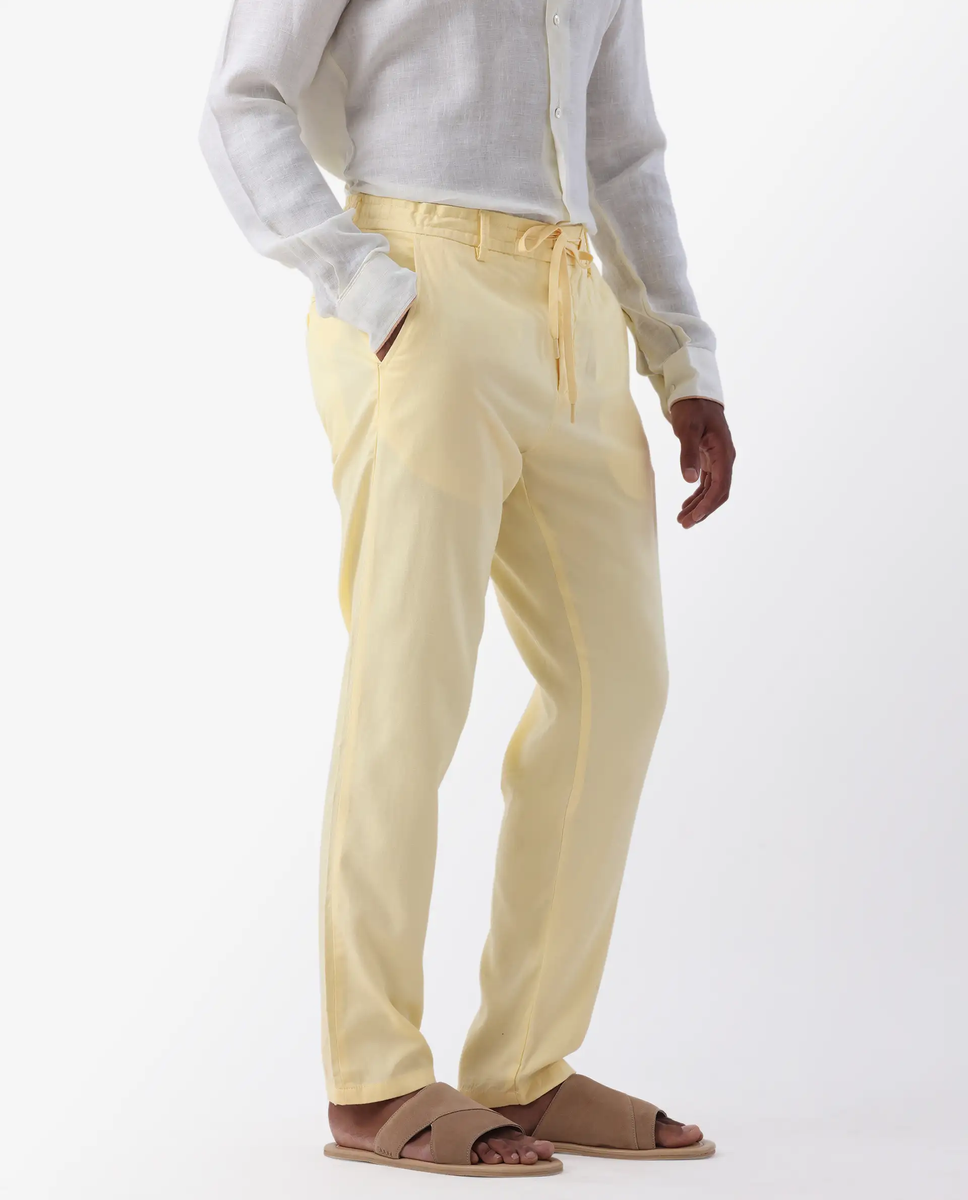 Rare Rabbit Men's Reric Pastel Yellow Linen Blend Plain Regular Fit Trouser - Image 8