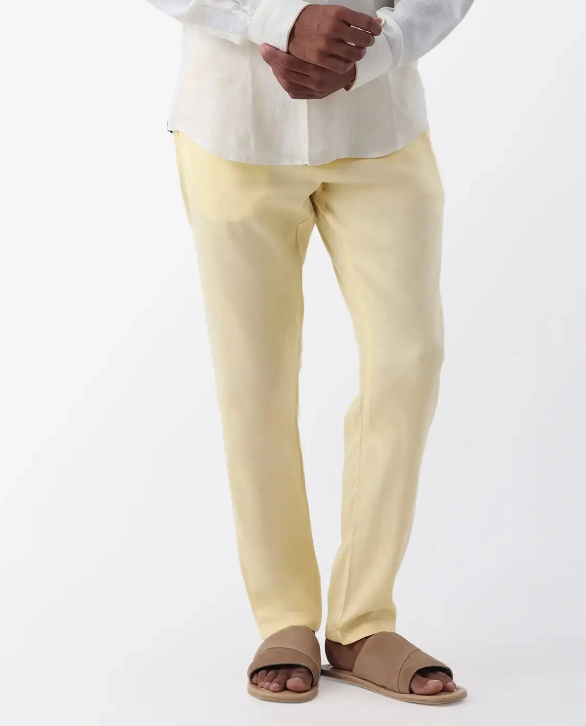 Rare Rabbit Men's Reric Pastel Yellow Linen Blend Plain Regular Fit Trouser - Image 9