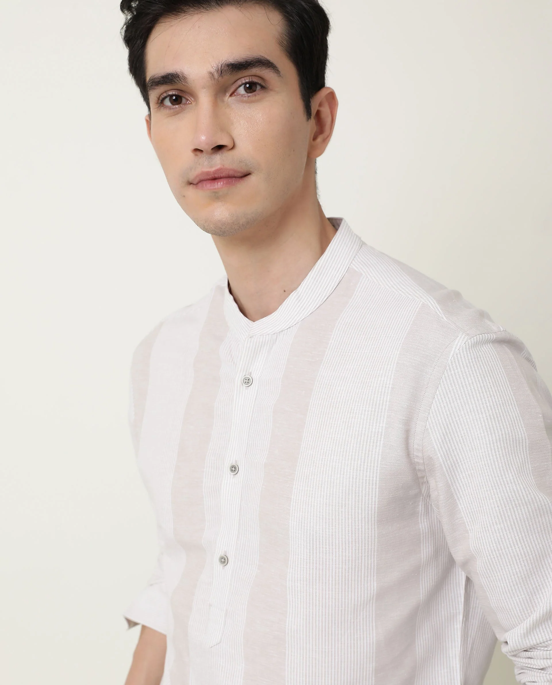 Rare Rabbit Men's Reset Beige Cotton Striped Print Regular Fit Full Sleeve Mandarin Collar Shirt