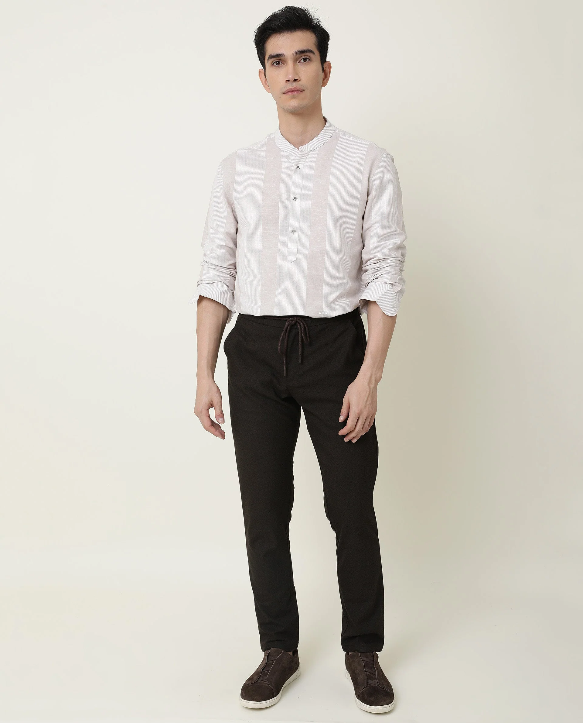 Rare Rabbit Men's Reset Beige Cotton Striped Print Regular Fit Full Sleeve Mandarin Collar Shirt - Image 10