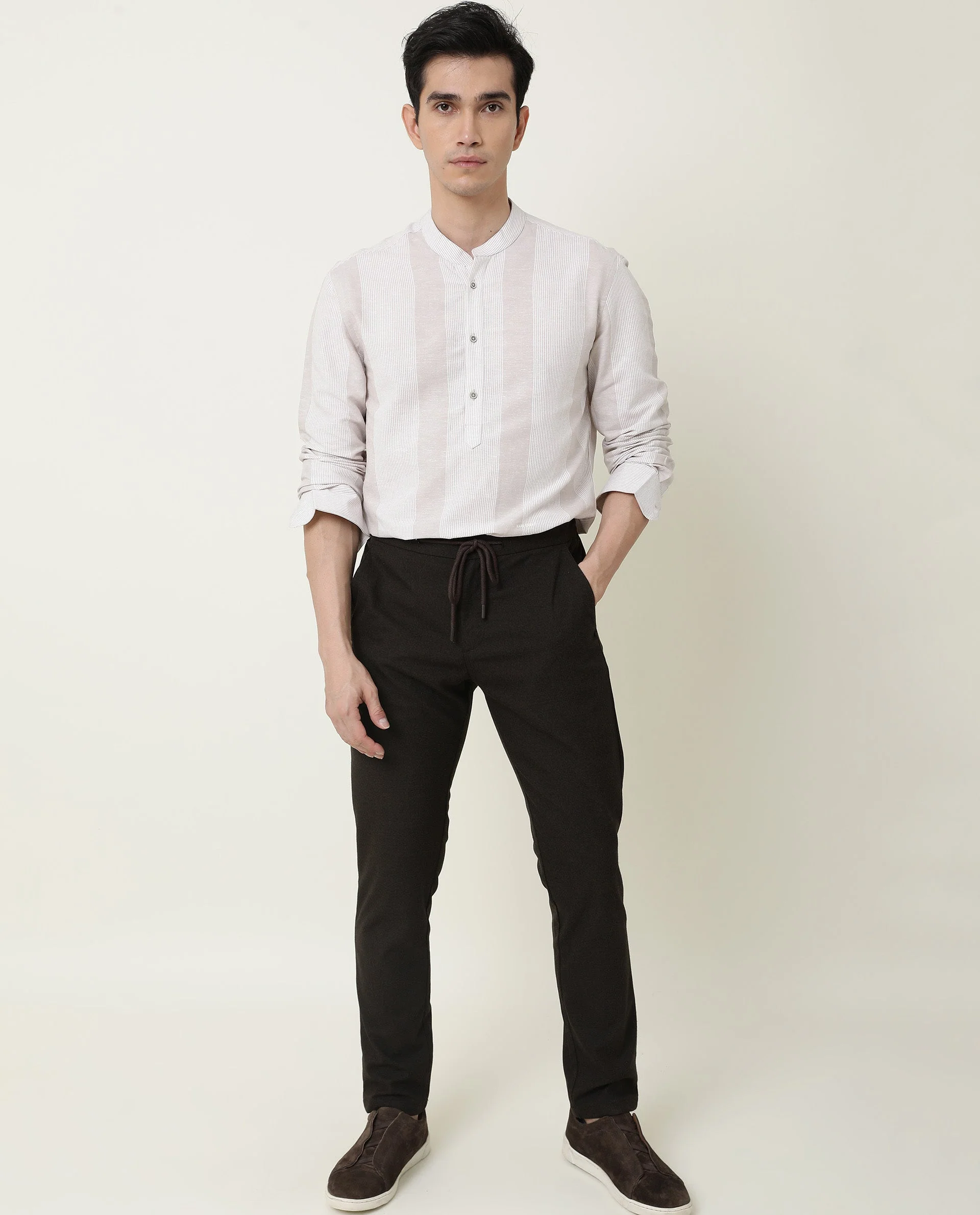 Rare Rabbit Men's Reset Beige Cotton Striped Print Regular Fit Full Sleeve Mandarin Collar Shirt - Image 11
