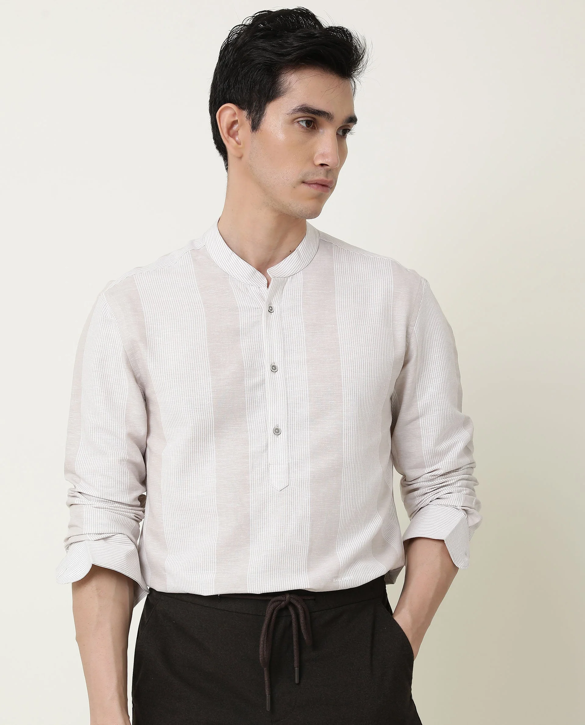 Rare Rabbit Men's Reset Beige Cotton Striped Print Regular Fit Full Sleeve Mandarin Collar Shirt - Image 12