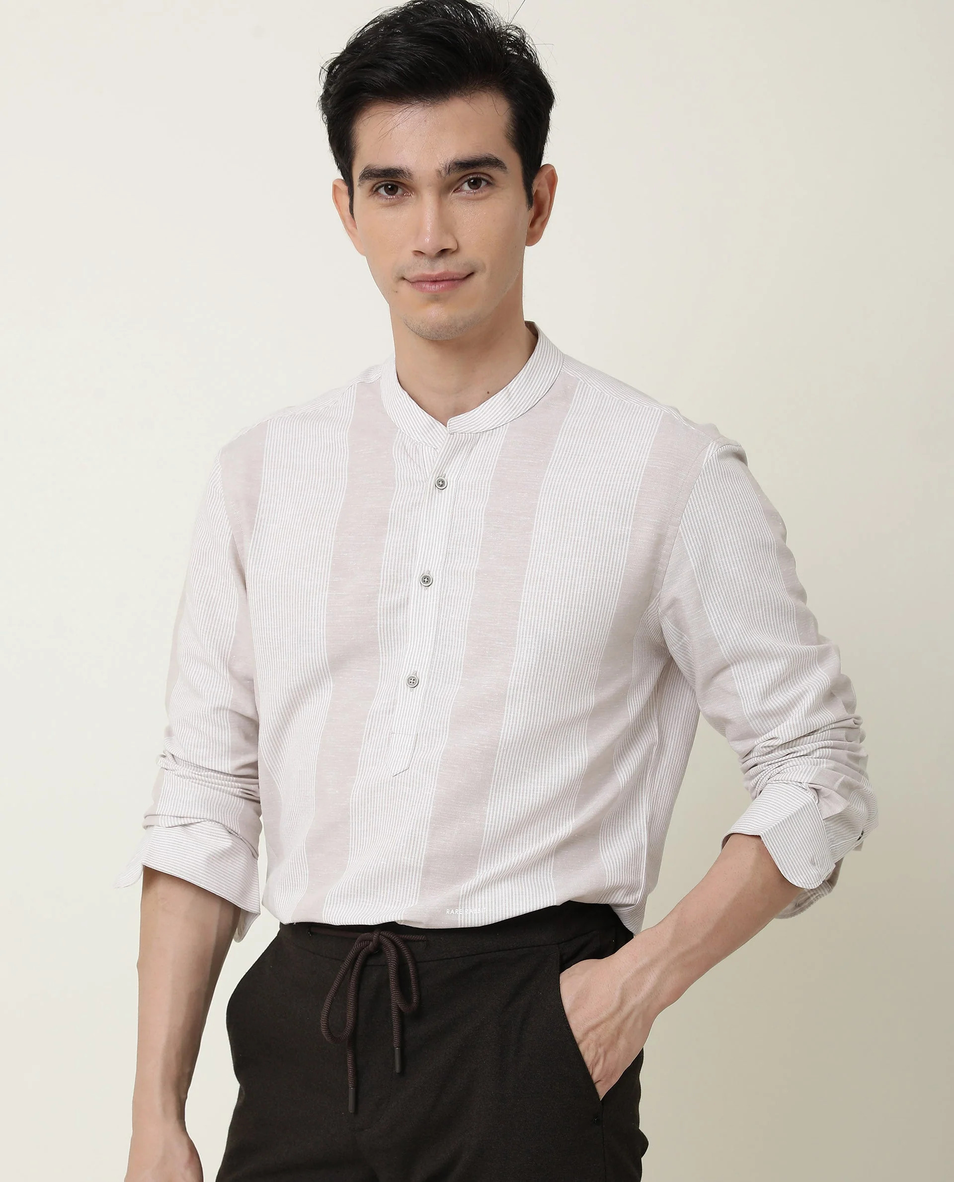 Rare Rabbit Men's Reset Beige Cotton Striped Print Regular Fit Full Sleeve Mandarin Collar Shirt - Image 13