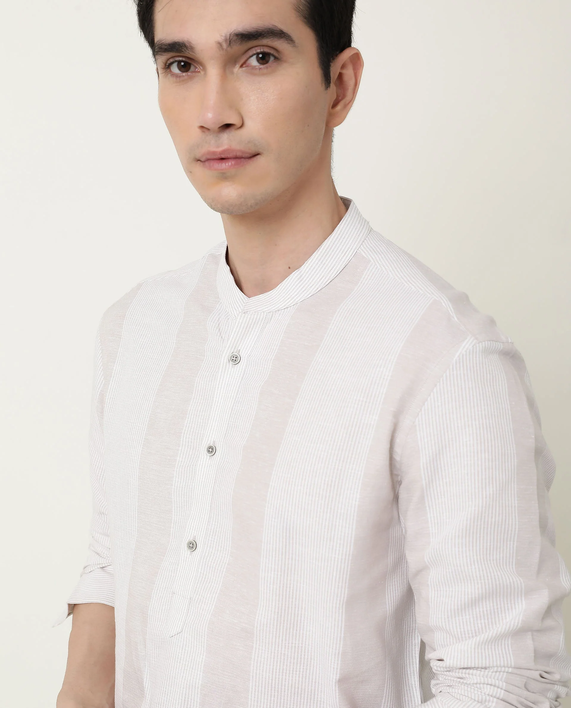 Rare Rabbit Men's Reset Beige Cotton Striped Print Regular Fit Full Sleeve Mandarin Collar Shirt - Image 15