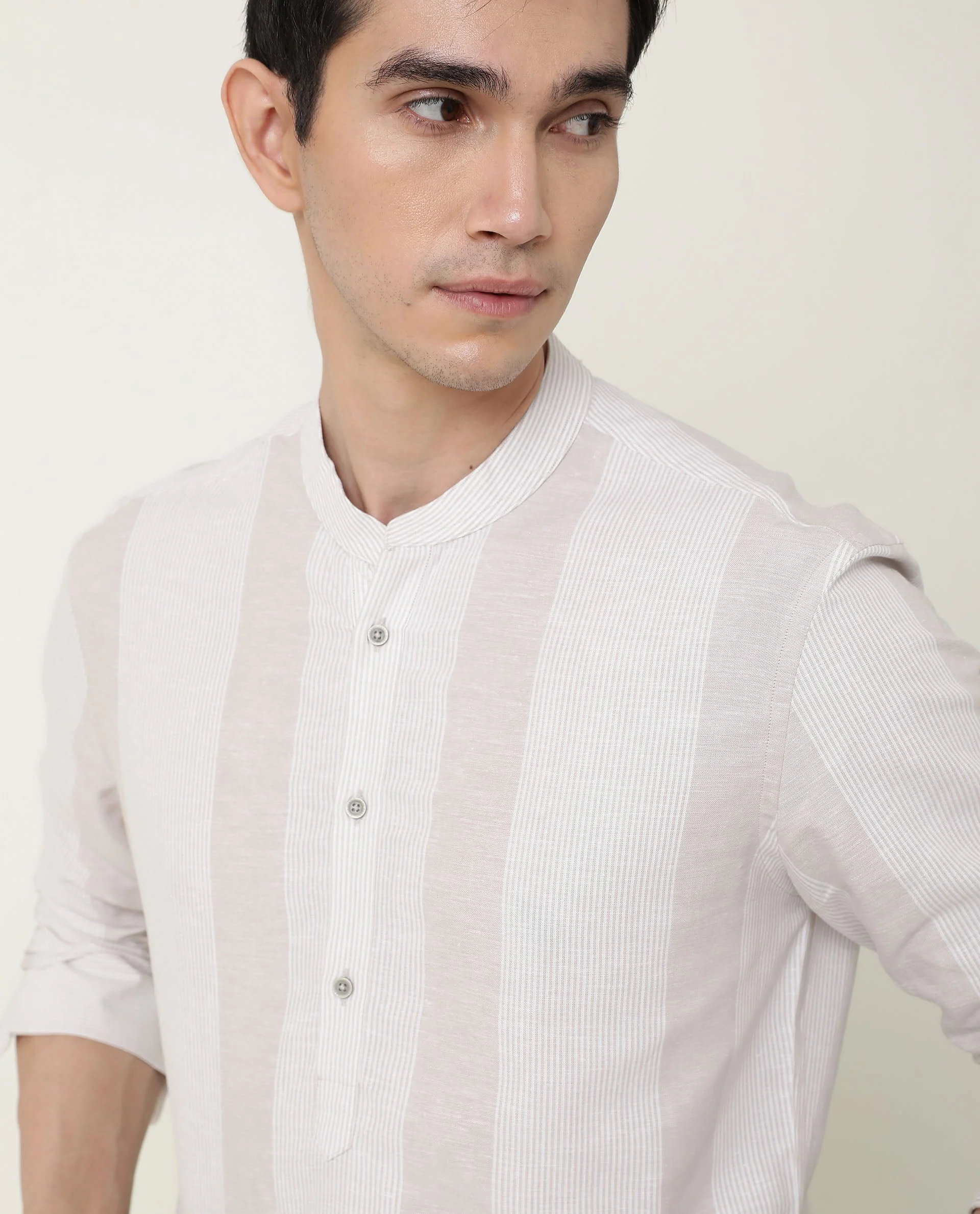 Rare Rabbit Men's Reset Beige Cotton Striped Print Regular Fit Full Sleeve Mandarin Collar Shirt - Image 16