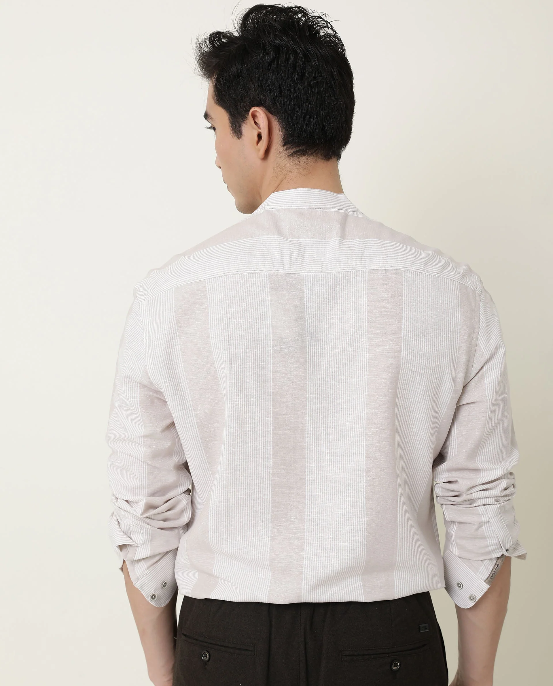 Rare Rabbit Men's Reset Beige Cotton Striped Print Regular Fit Full Sleeve Mandarin Collar Shirt - Image 17