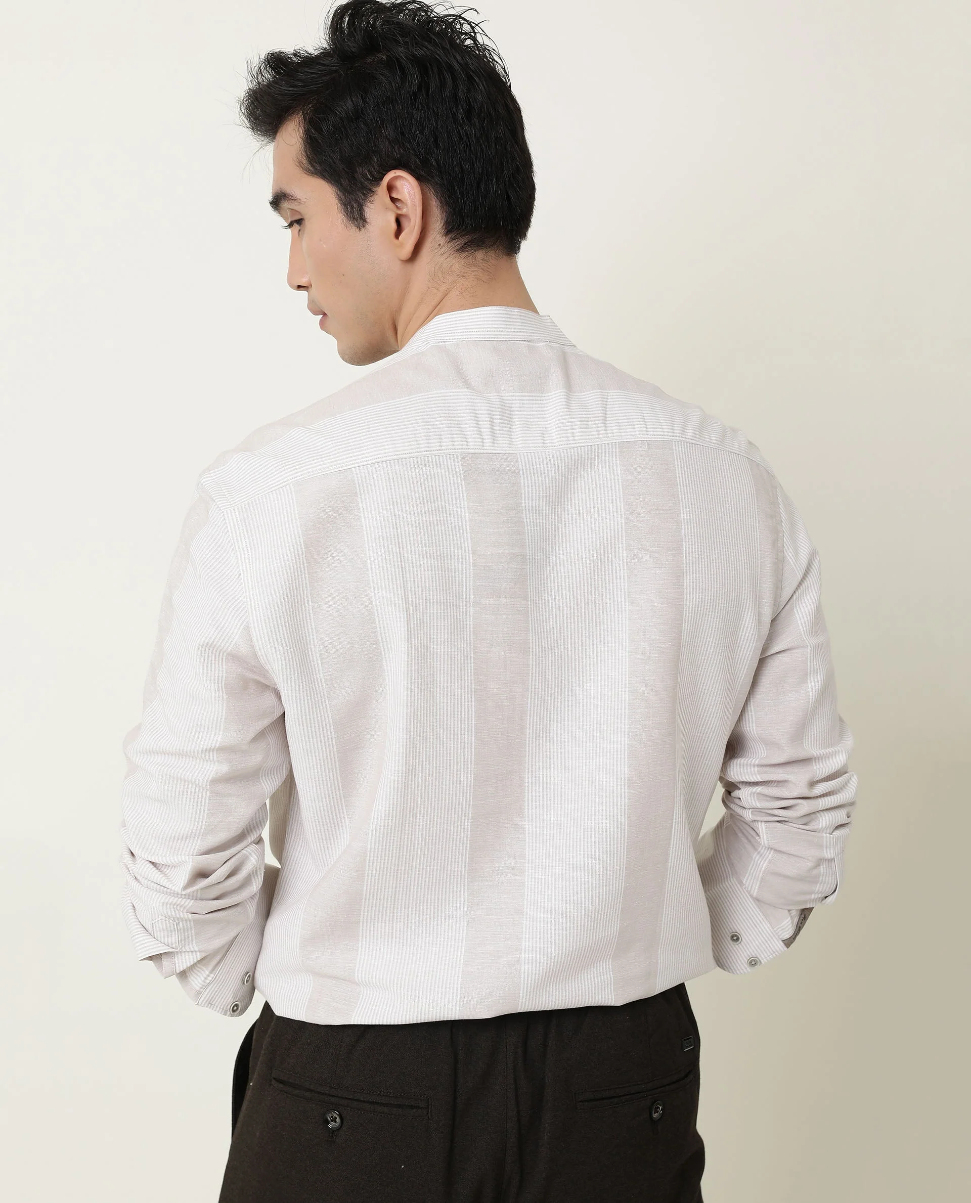 Rare Rabbit Men's Reset Beige Cotton Striped Print Regular Fit Full Sleeve Mandarin Collar Shirt - Image 18