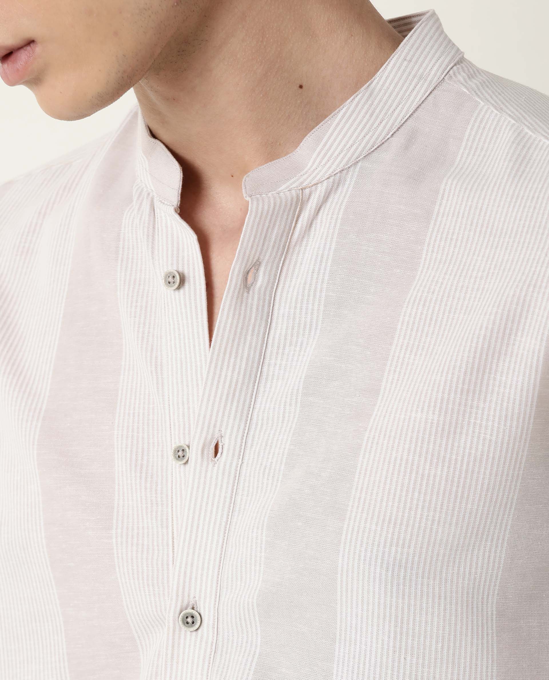 Rare Rabbit Men's Reset Beige Cotton Striped Print Regular Fit Full Sleeve Mandarin Collar Shirt - Image 2