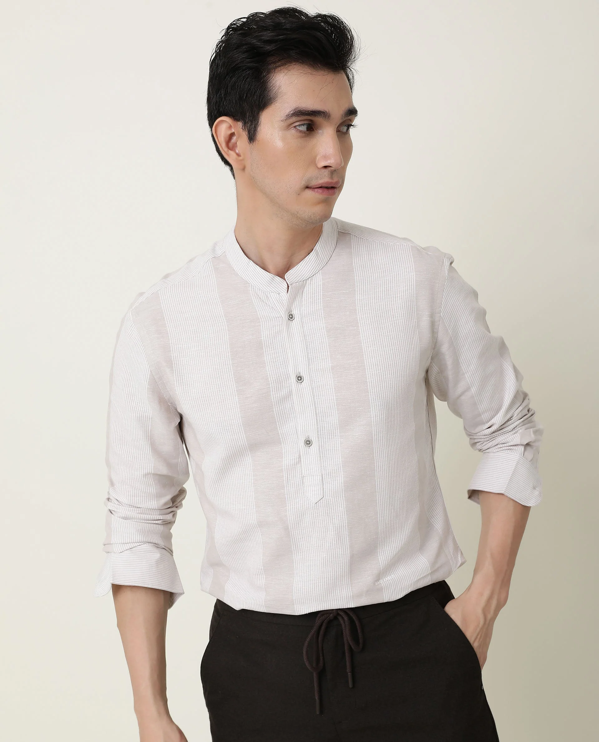 Rare Rabbit Men's Reset Beige Cotton Striped Print Regular Fit Full Sleeve Mandarin Collar Shirt - Image 20