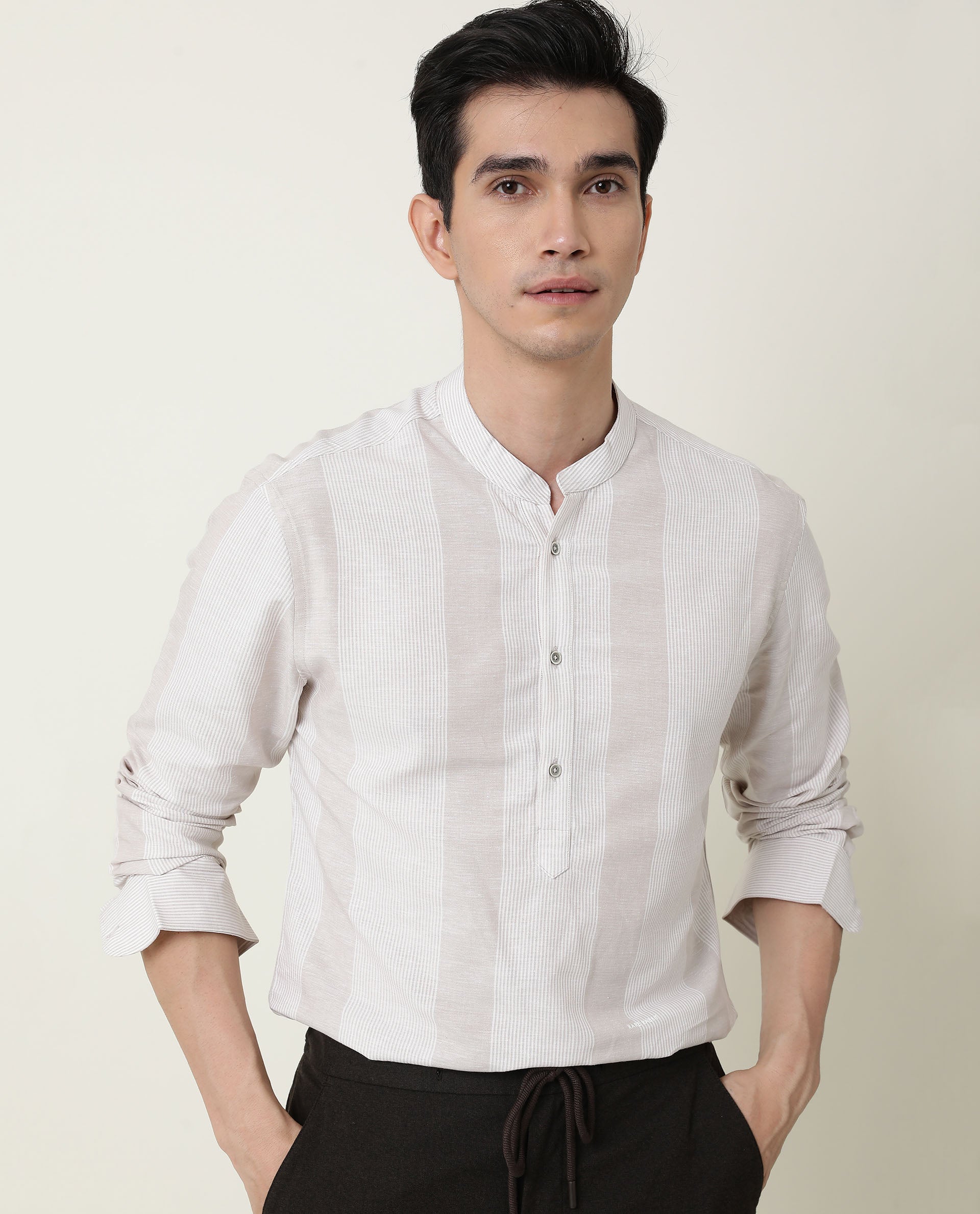 Rare Rabbit Men's Reset Beige Cotton Striped Print Regular Fit Full Sleeve Mandarin Collar Shirt - Image 21