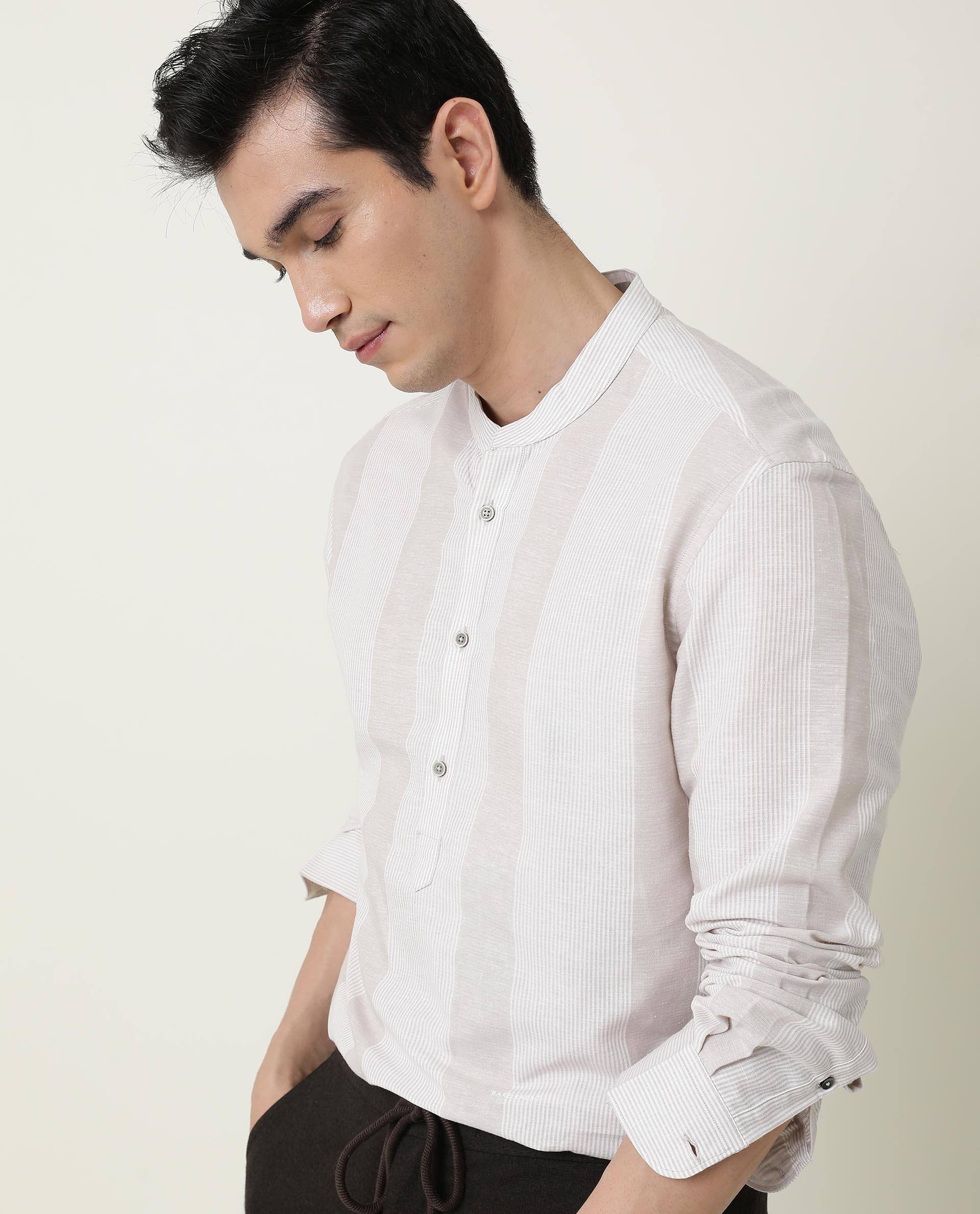 Rare Rabbit Men's Reset Beige Cotton Striped Print Regular Fit Full Sleeve Mandarin Collar Shirt - Image 22
