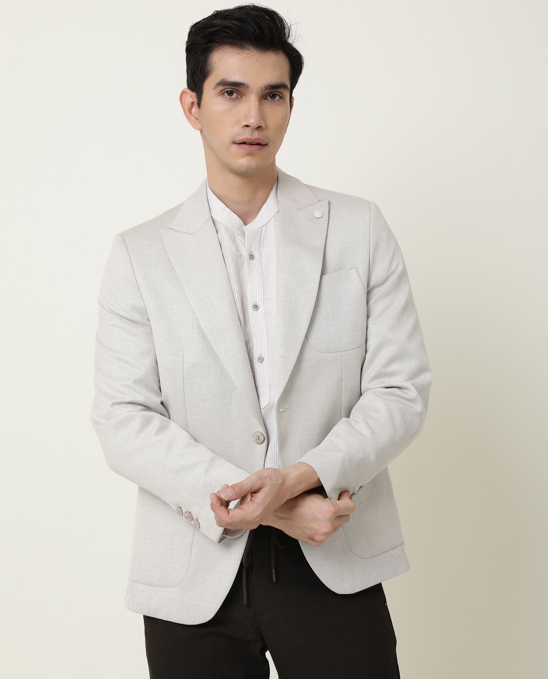 Rare Rabbit Men's Reset Beige Cotton Striped Print Regular Fit Full Sleeve Mandarin Collar Shirt - Image 24