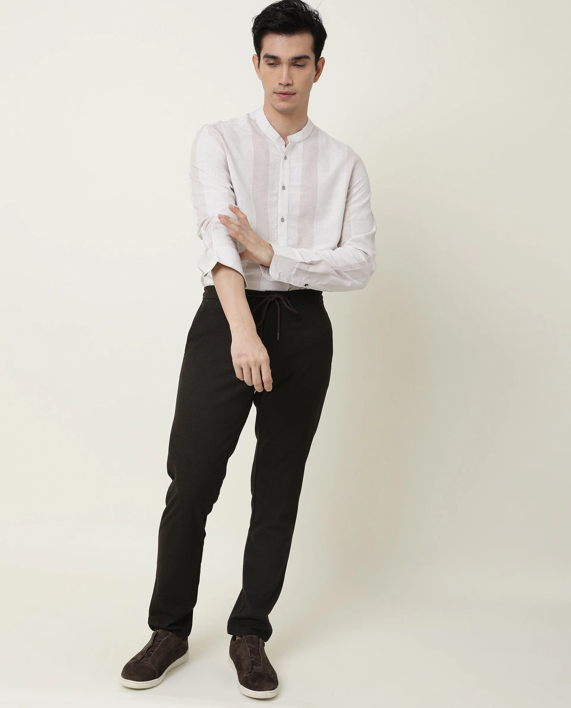 Rare Rabbit Men's Reset Beige Cotton Striped Print Regular Fit Full Sleeve Mandarin Collar Shirt - Image 28