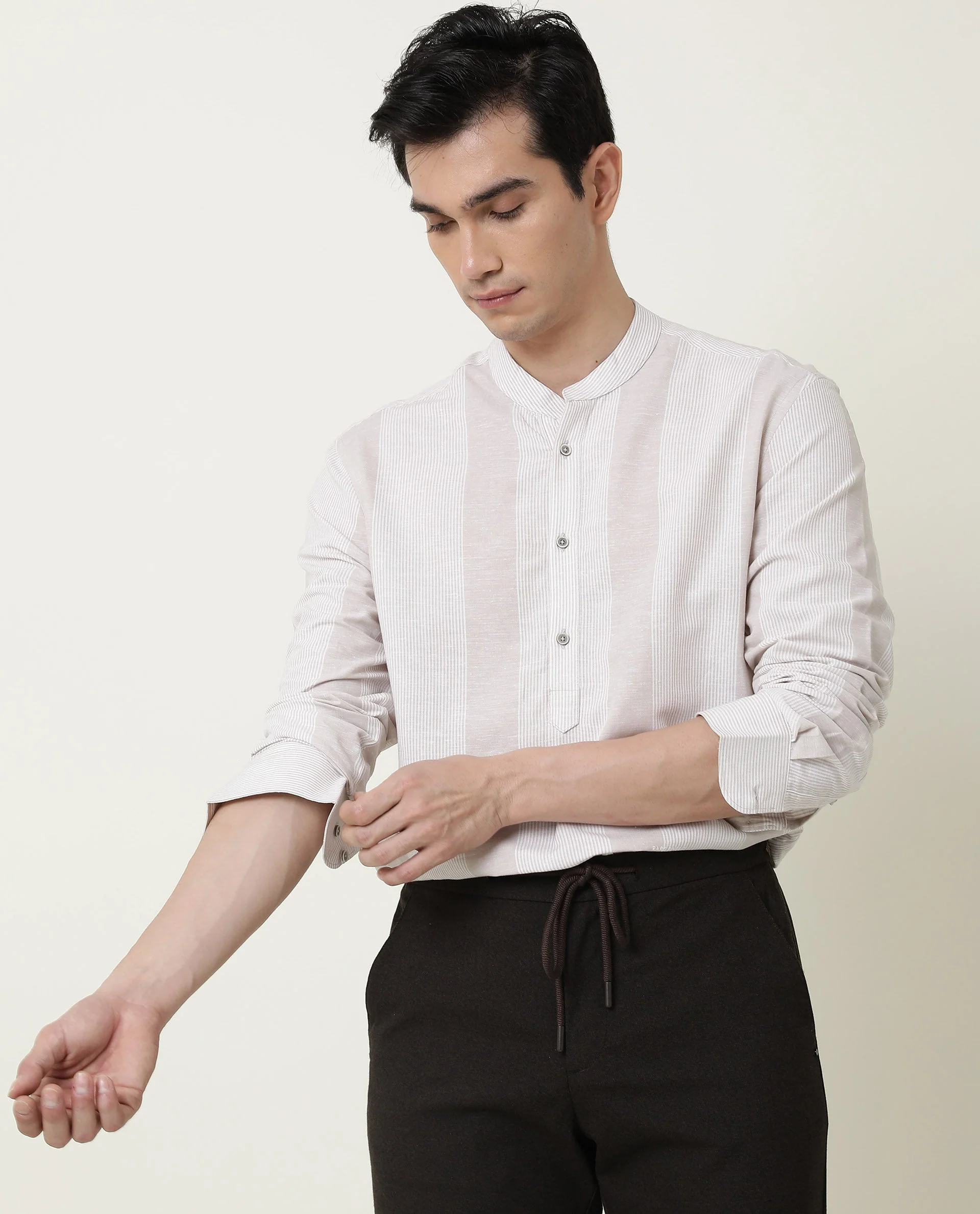 Rare Rabbit Men's Reset Beige Cotton Striped Print Regular Fit Full Sleeve Mandarin Collar Shirt - Image 4