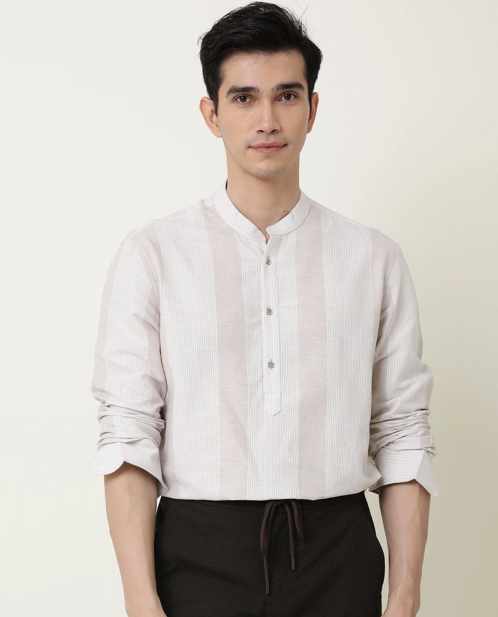 Rare Rabbit Men's Reset Beige Cotton Striped Print Regular Fit Full Sleeve Mandarin Collar Shirt - Image 5