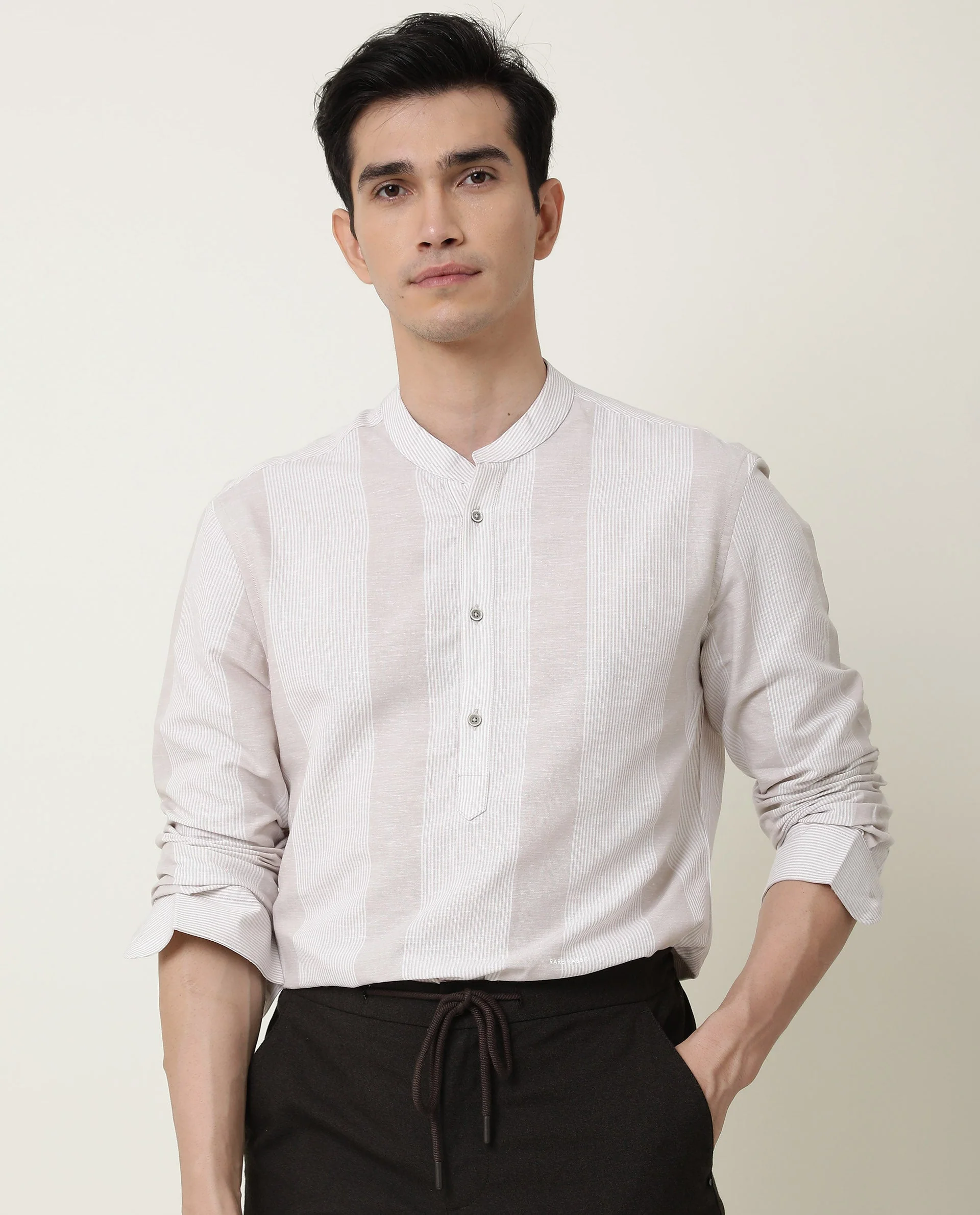 Rare Rabbit Men's Reset Beige Cotton Striped Print Regular Fit Full Sleeve Mandarin Collar Shirt - Image 6