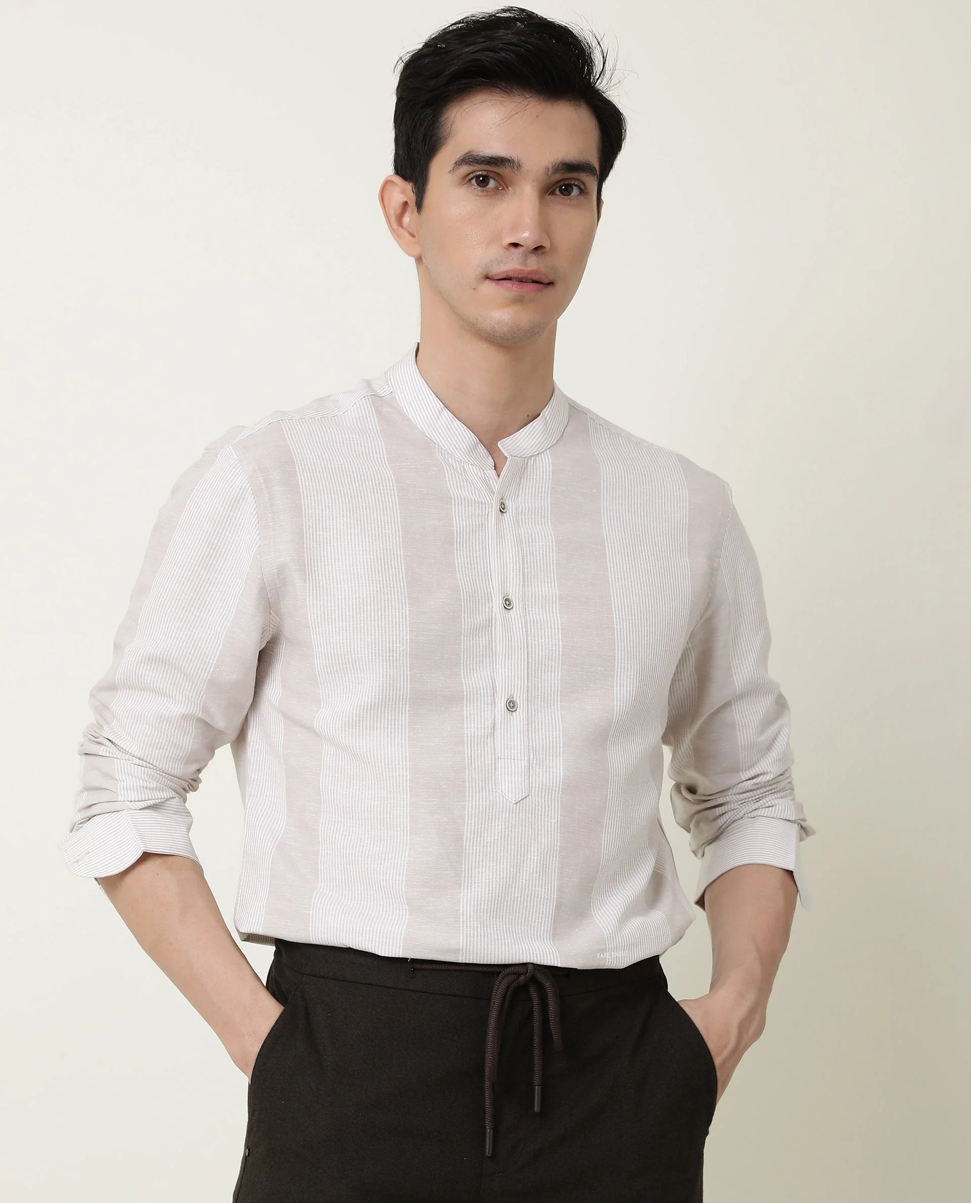 Rare Rabbit Men's Reset Beige Cotton Striped Print Regular Fit Full Sleeve Mandarin Collar Shirt - Image 7