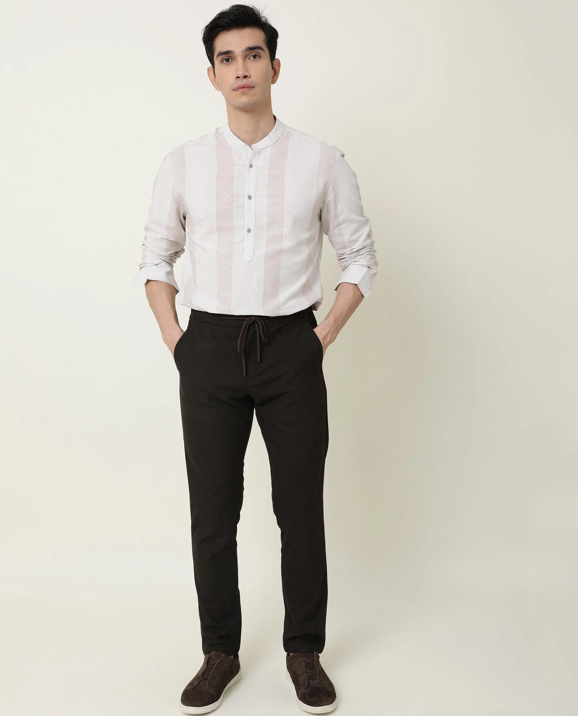 Rare Rabbit Men's Reset Beige Cotton Striped Print Regular Fit Full Sleeve Mandarin Collar Shirt - Image 9