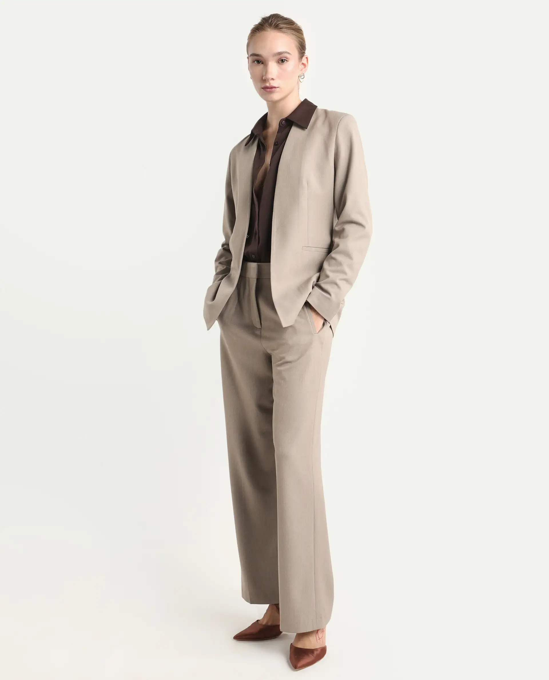 Rareism Women's Resha Fawn Polyester Fabric Full Sleeve Plain Blazer - Image 2