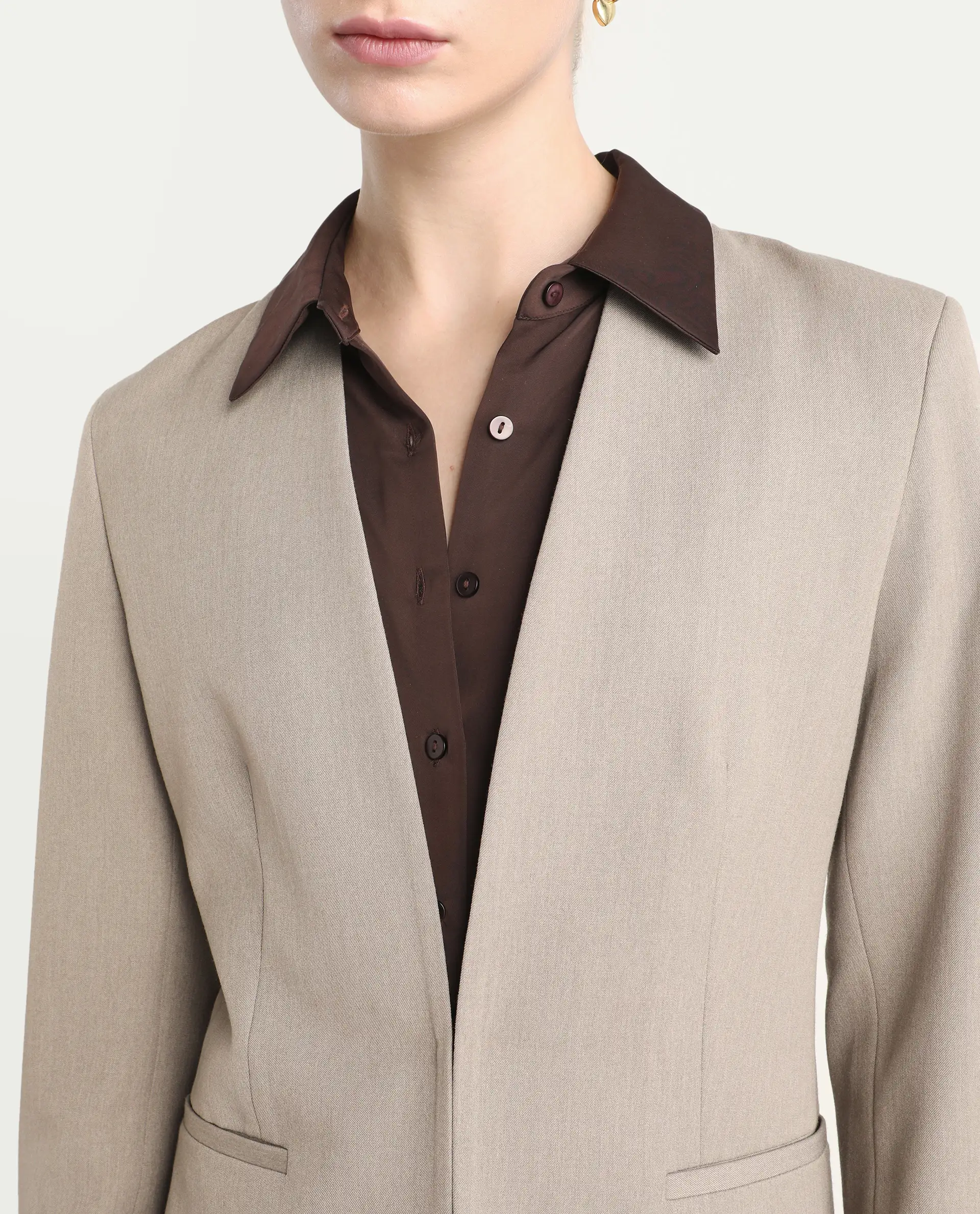 Rareism Women's Resha Fawn Polyester Fabric Full Sleeve Plain Blazer - Image 3