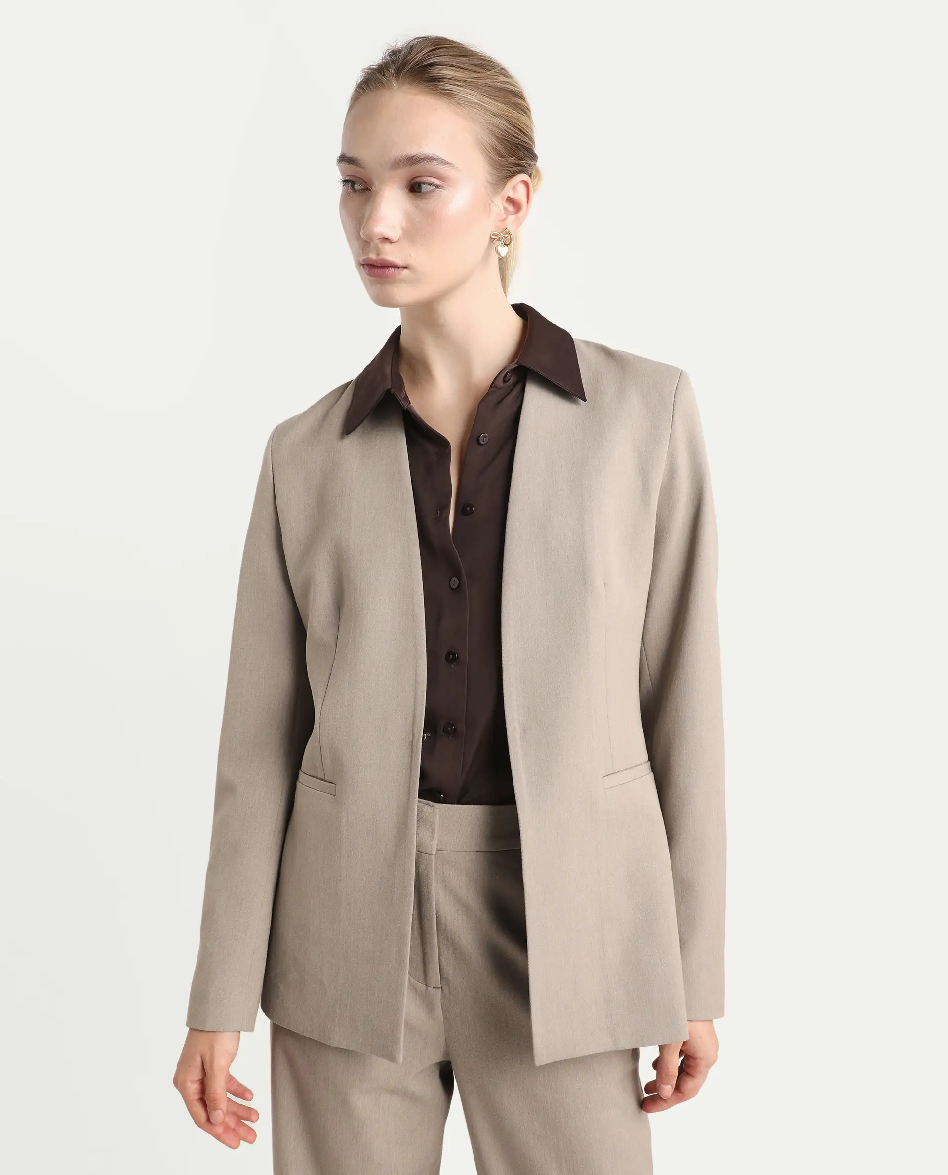 Rareism Women's Resha Fawn Polyester Fabric Full Sleeve Plain Blazer - Image 4