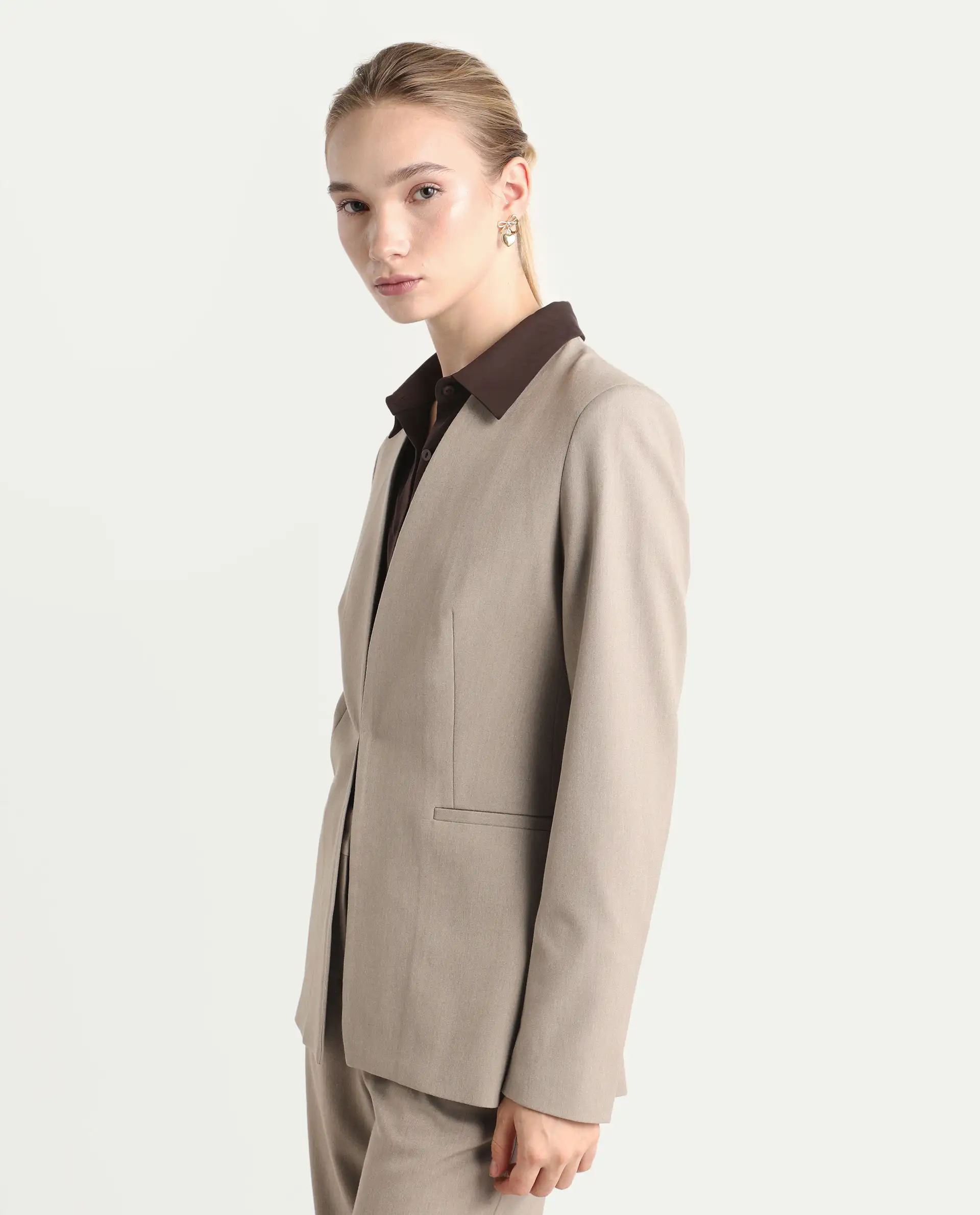 Rareism Women's Resha Fawn Polyester Fabric Full Sleeve Plain Blazer - Image 5