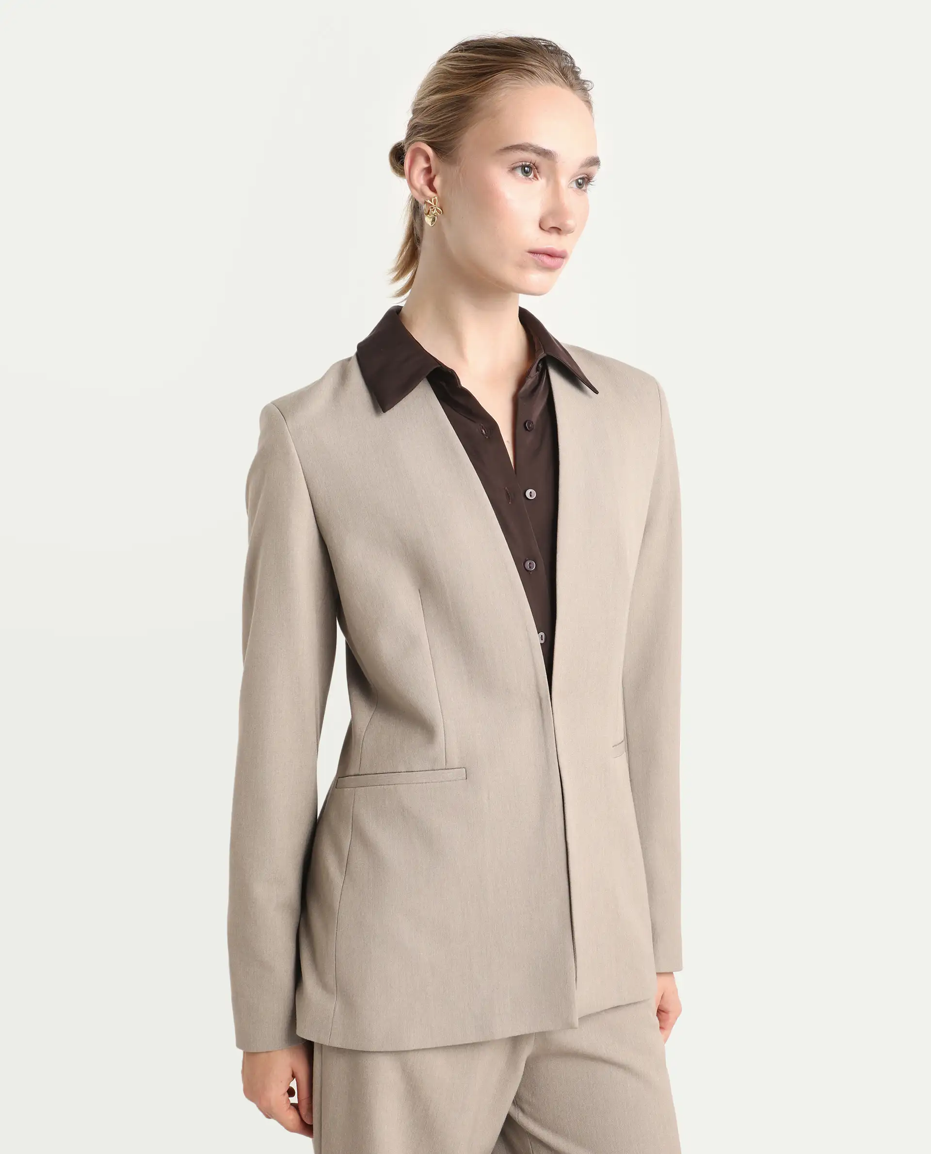 Rareism Women's Resha Fawn Polyester Fabric Full Sleeve Plain Blazer - Image 6