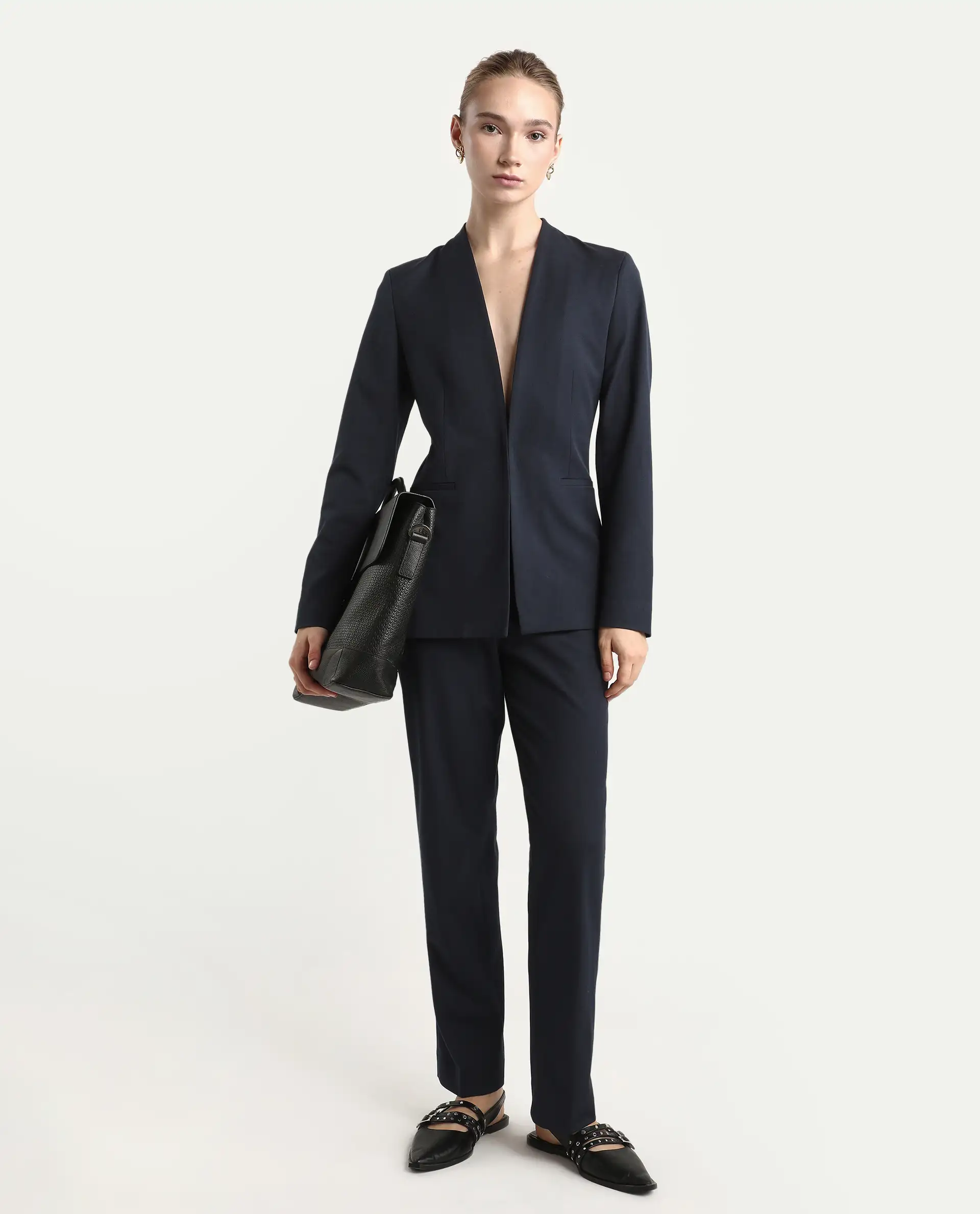 Rareism Women's Resha Navy Polyester Blend Fabric Full Sleeve Plain Blazer - Image 2
