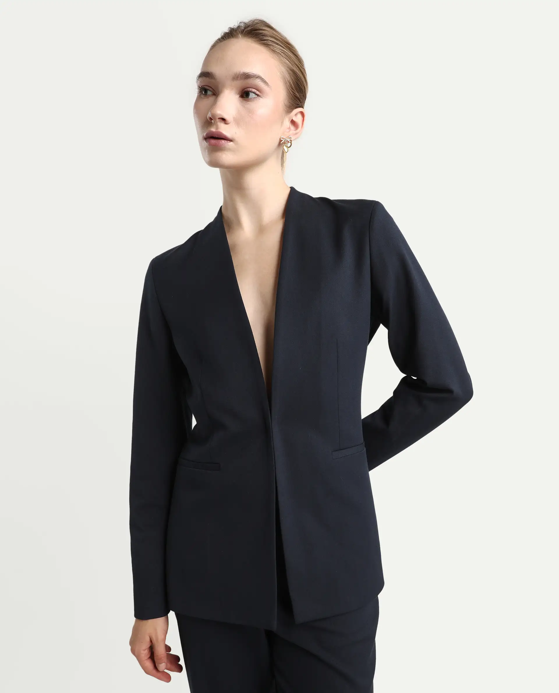 Rareism Women's Resha Navy Polyester Blend Fabric Full Sleeve Plain Blazer - Image 3