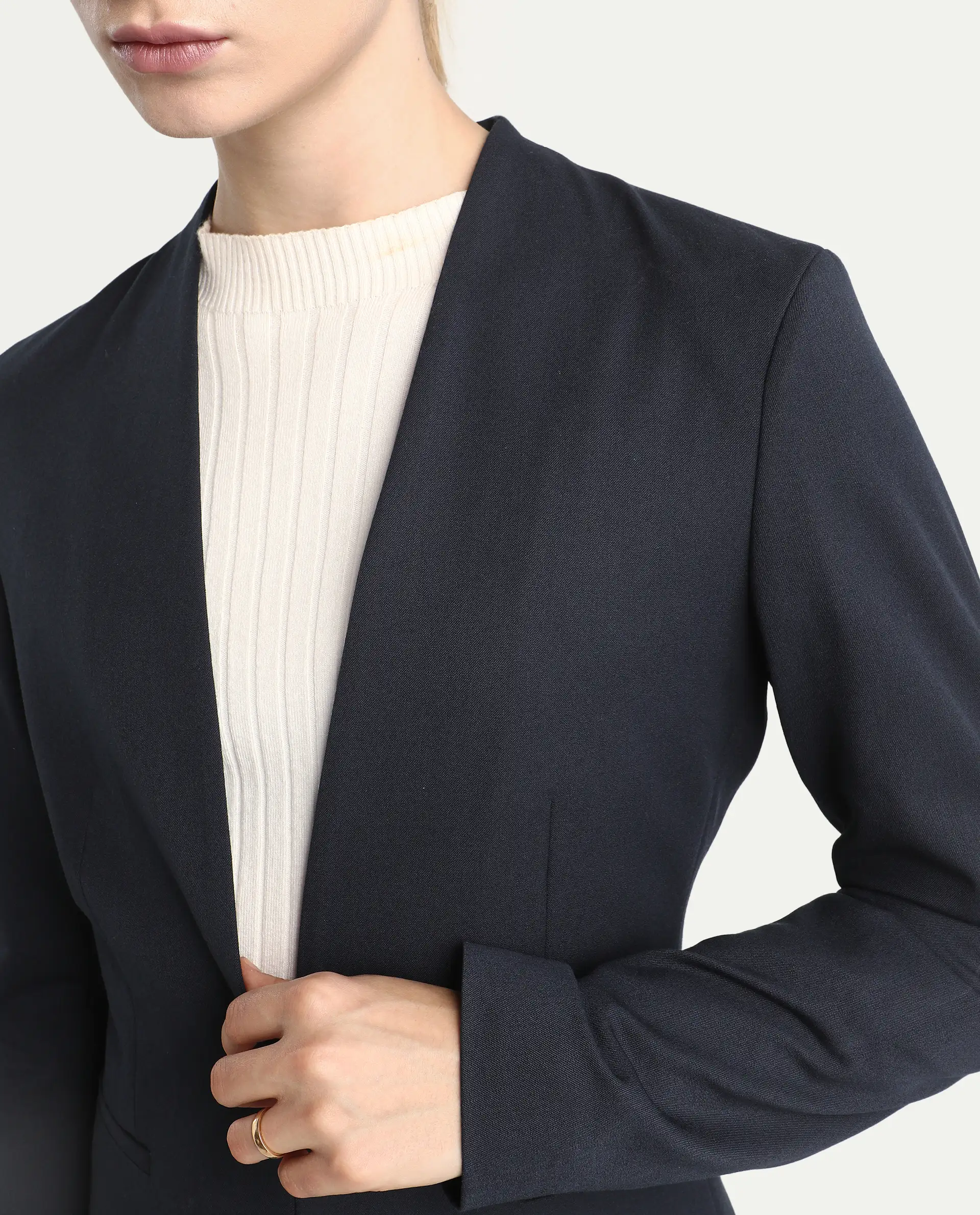 Rareism Women's Resha Navy Polyester Blend Fabric Full Sleeve Plain Blazer - Image 4