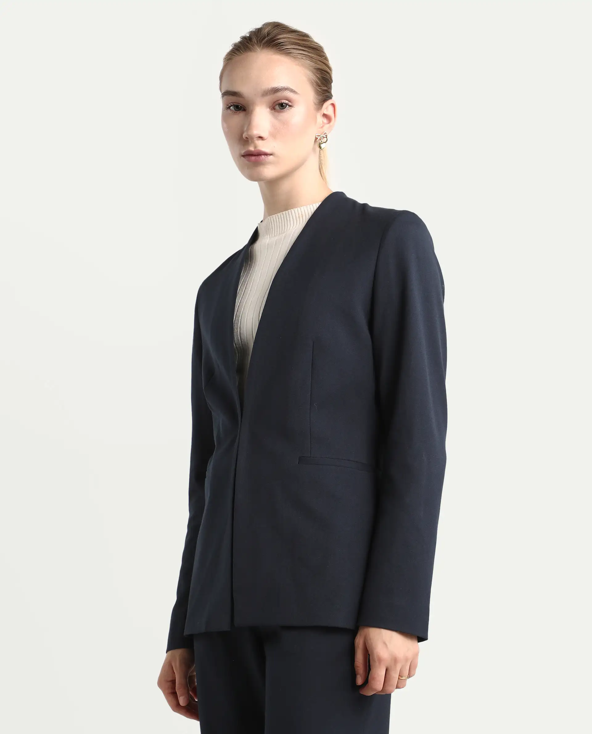 Rareism Women's Resha Navy Polyester Blend Fabric Full Sleeve Plain Blazer - Image 5