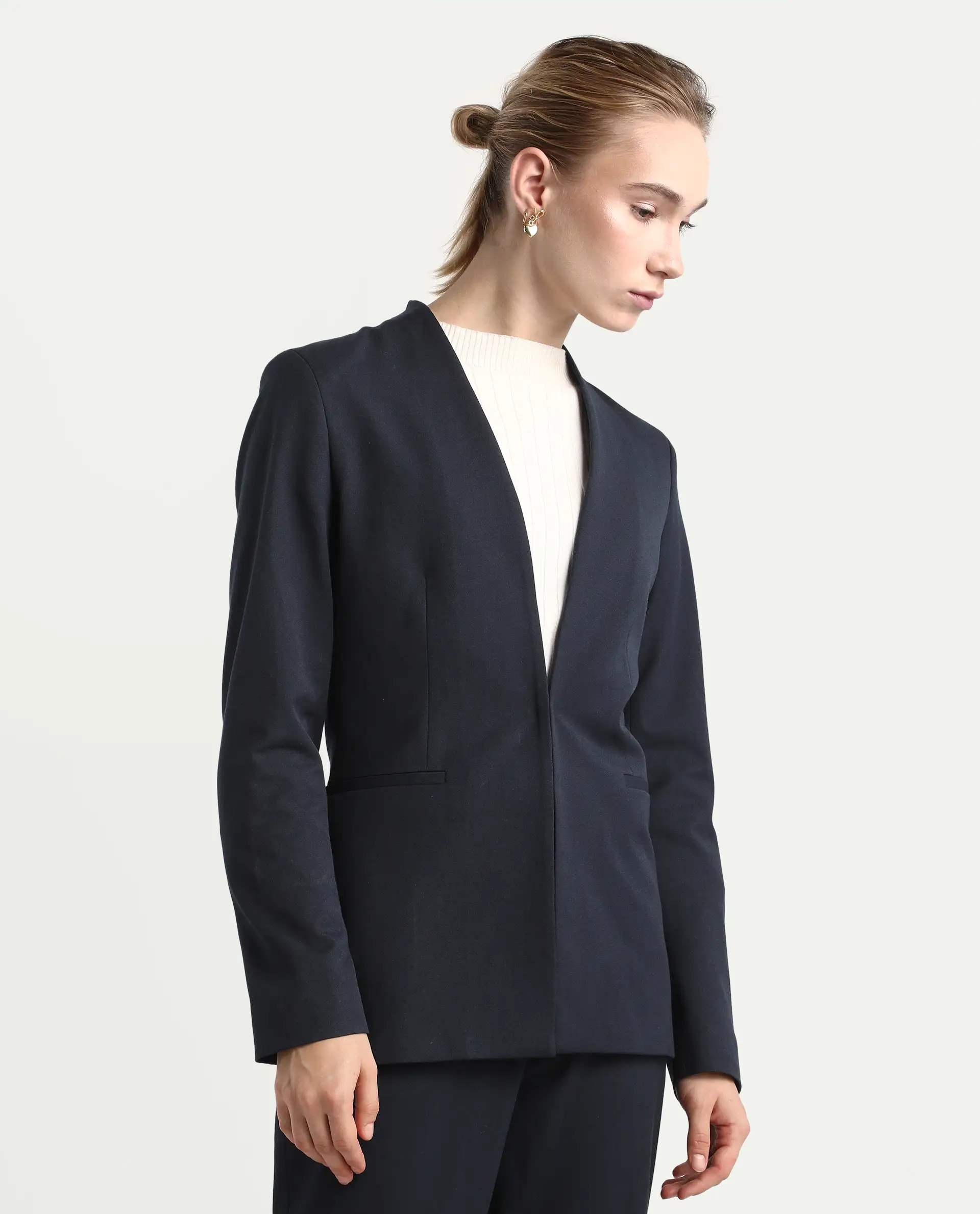 Rareism Women's Resha Navy Polyester Blend Fabric Full Sleeve Plain Blazer - Image 6