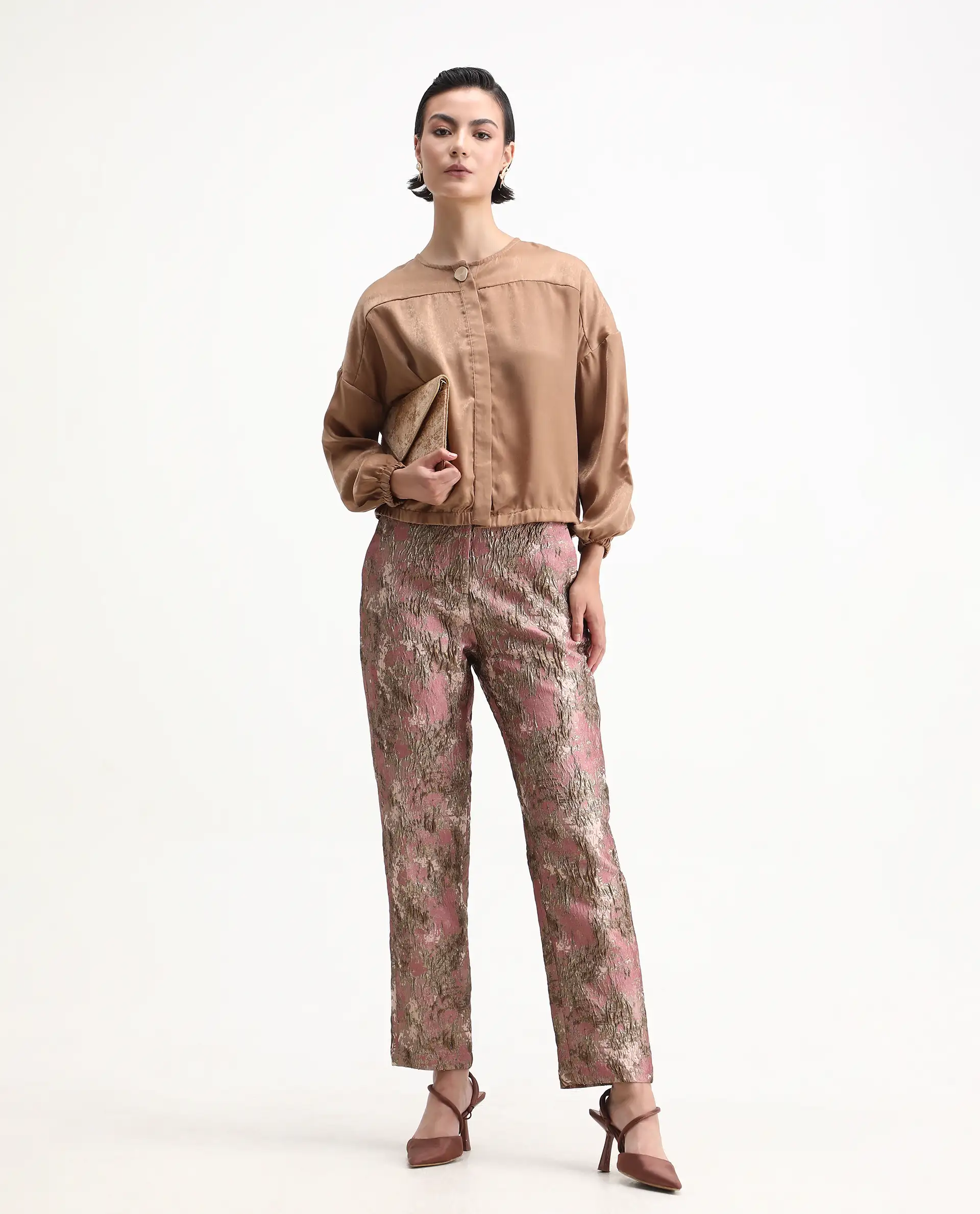 Rareism Women's Reshap-B Pink Poly Blend Tapered Ankle Length Jacquard Trouser