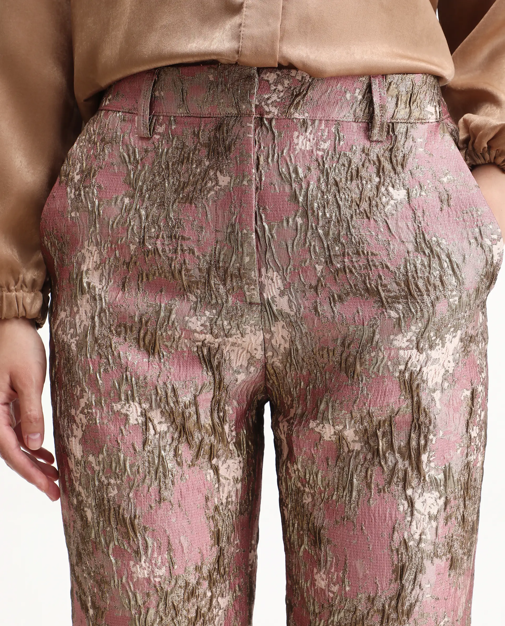 Rareism Women's Reshap-B Pink Poly Blend Tapered Ankle Length Jacquard Trouser - Image 10
