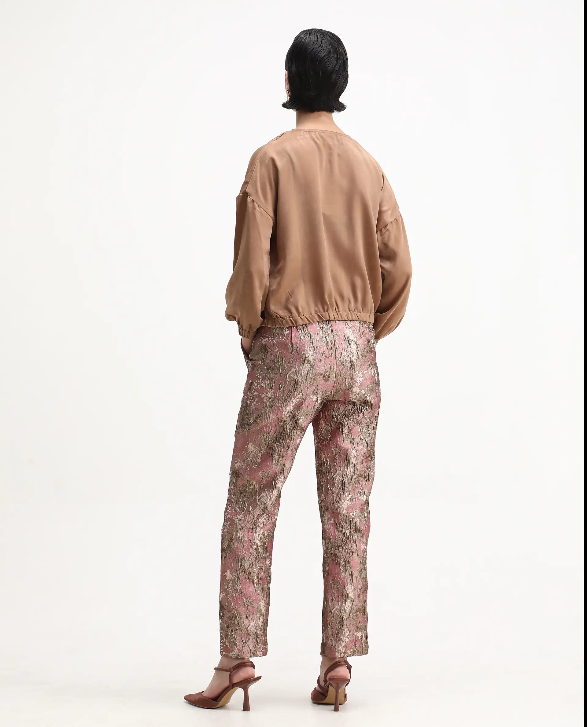Rareism Women's Reshap-B Pink Poly Blend Tapered Ankle Length Jacquard Trouser - Image 11