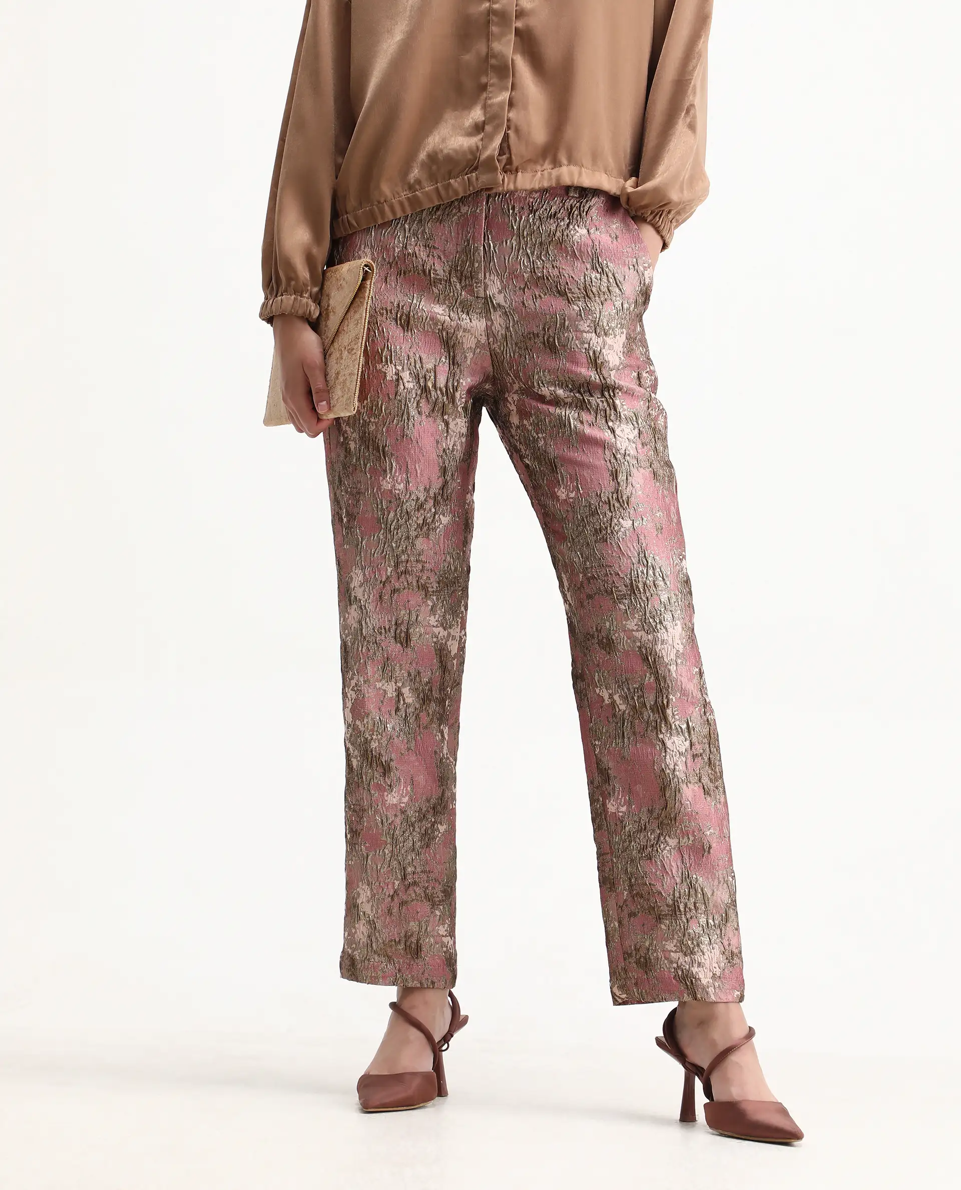 Rareism Women's Reshap-B Pink Poly Blend Tapered Ankle Length Jacquard Trouser - Image 2