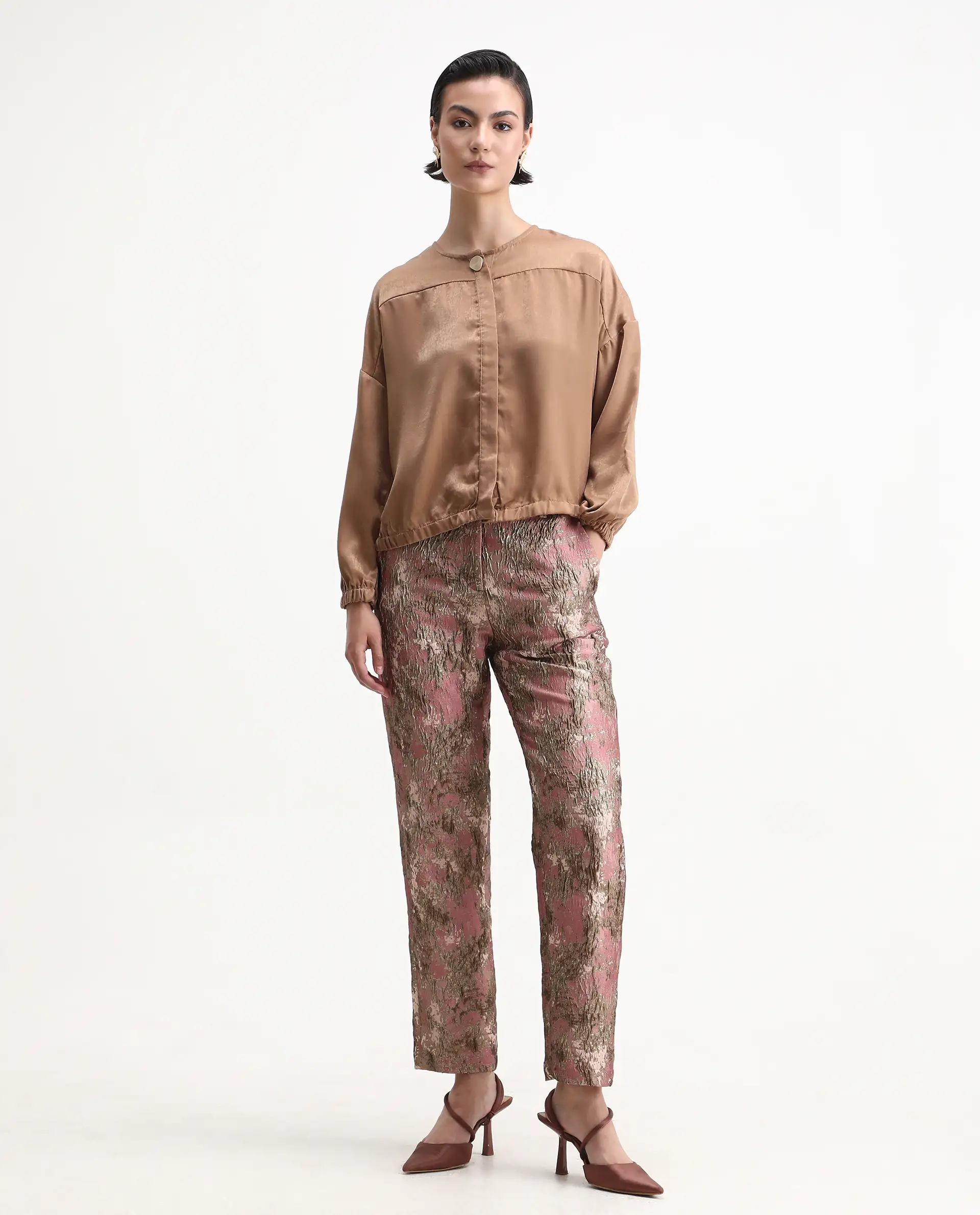 Rareism Women's Reshap-B Pink Poly Blend Tapered Ankle Length Jacquard Trouser - Image 6