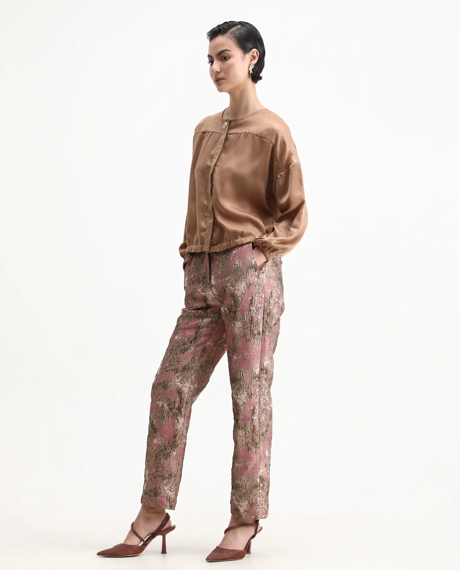 Rareism Women's Reshap-B Pink Poly Blend Tapered Ankle Length Jacquard Trouser - Image 7