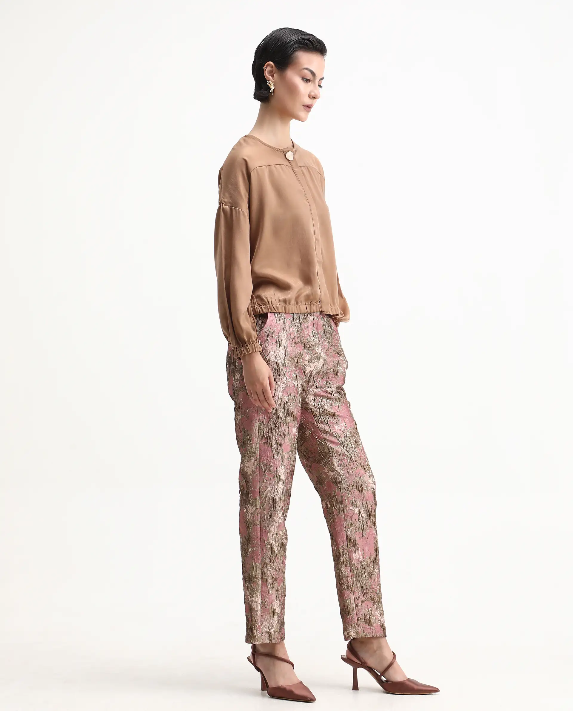 Rareism Women's Reshap-B Pink Poly Blend Tapered Ankle Length Jacquard Trouser - Image 8